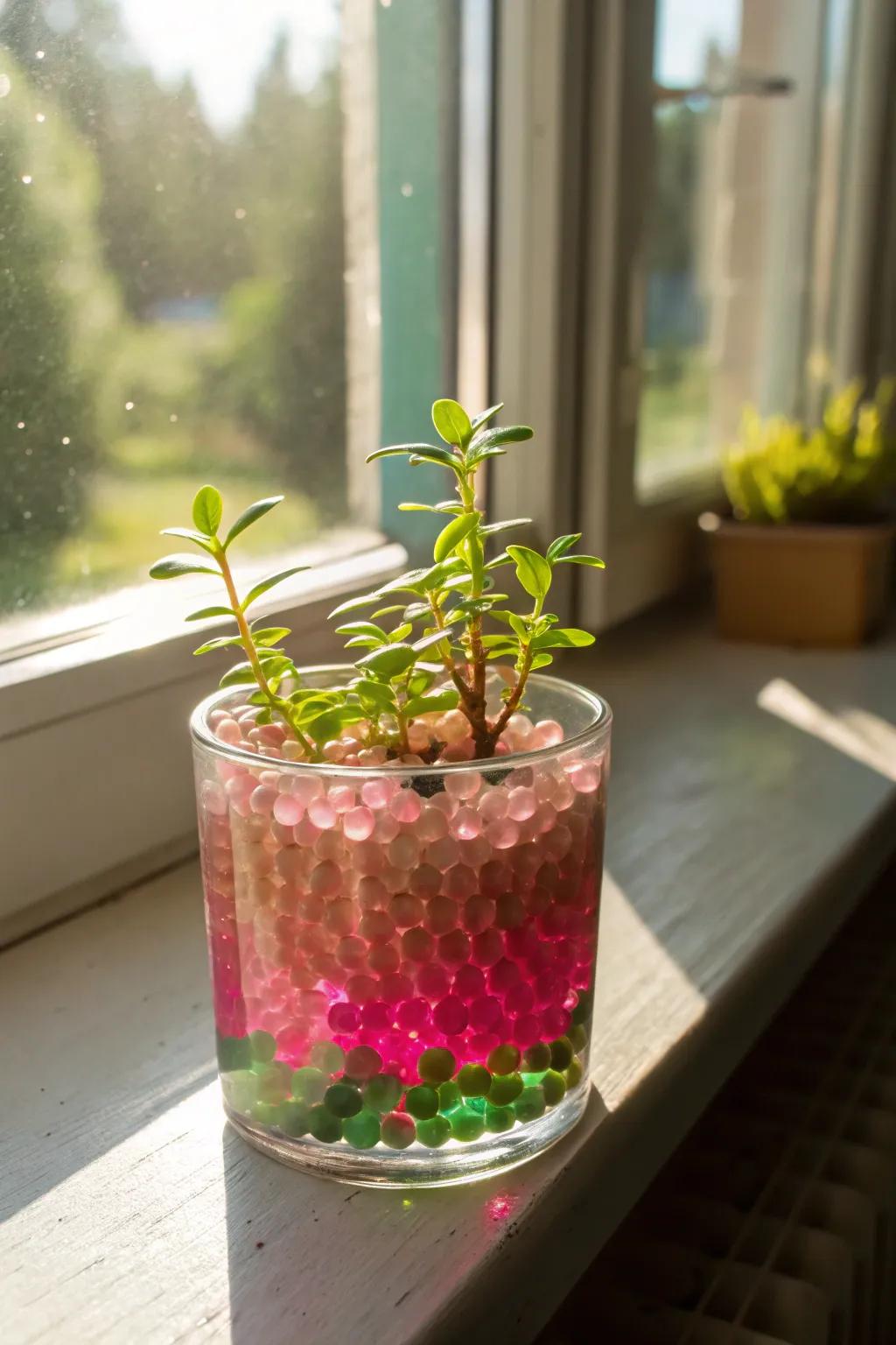 Garden-inspired centerpieces featuring aqua gems and vegetation.