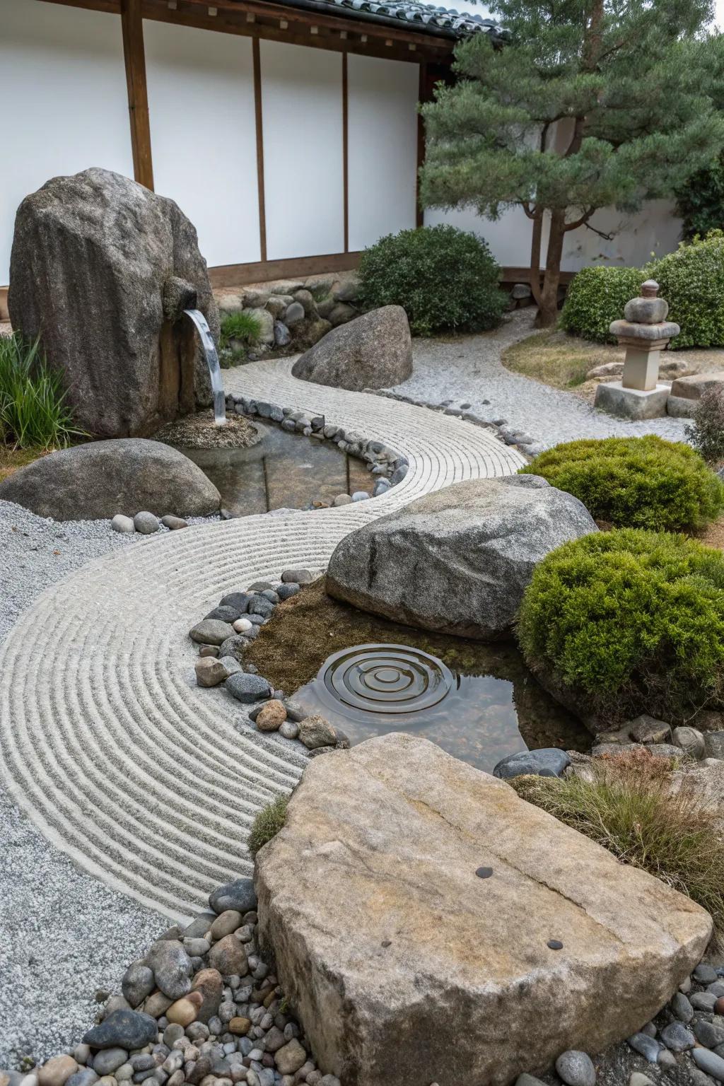 Zen stone gardens paired with liquid features cultivate a serene, meditative ambiance.