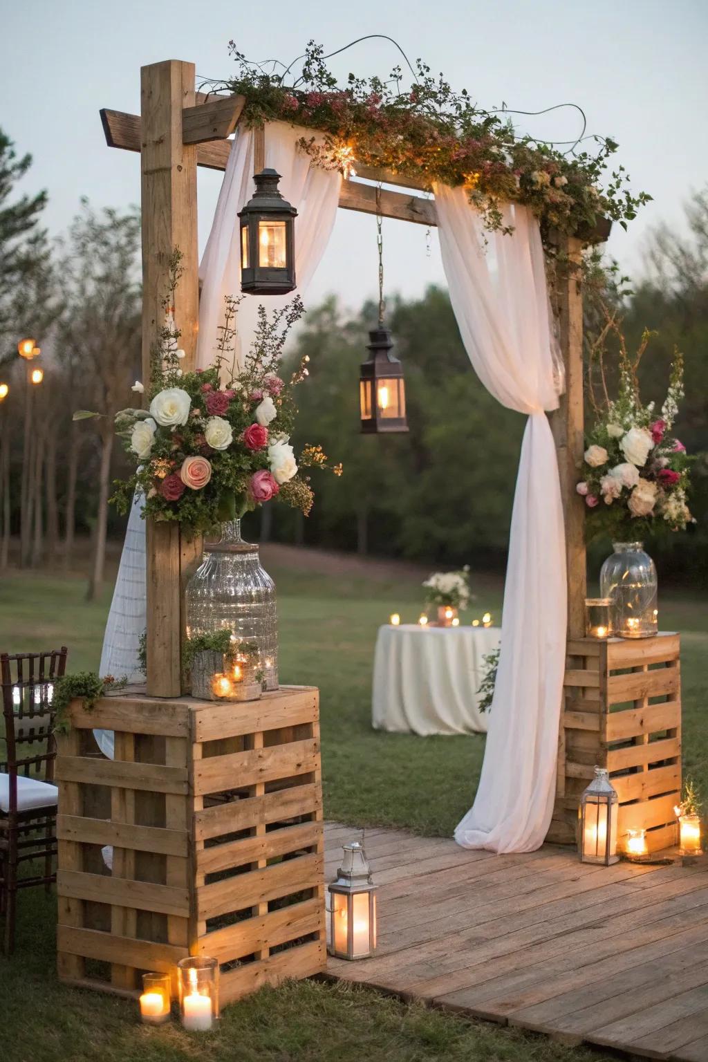 A comfortable pallet arch that exudes a country, inviting charm.