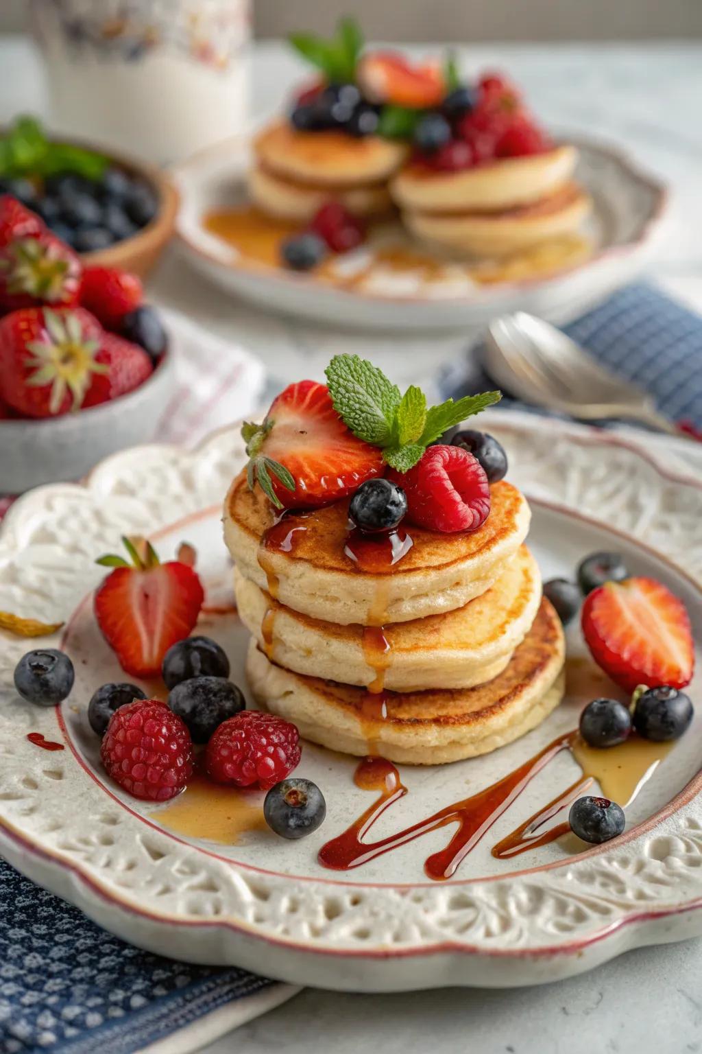 A tempting platter of mini griddlecakes garnished with fresh berries and amber liquid.
