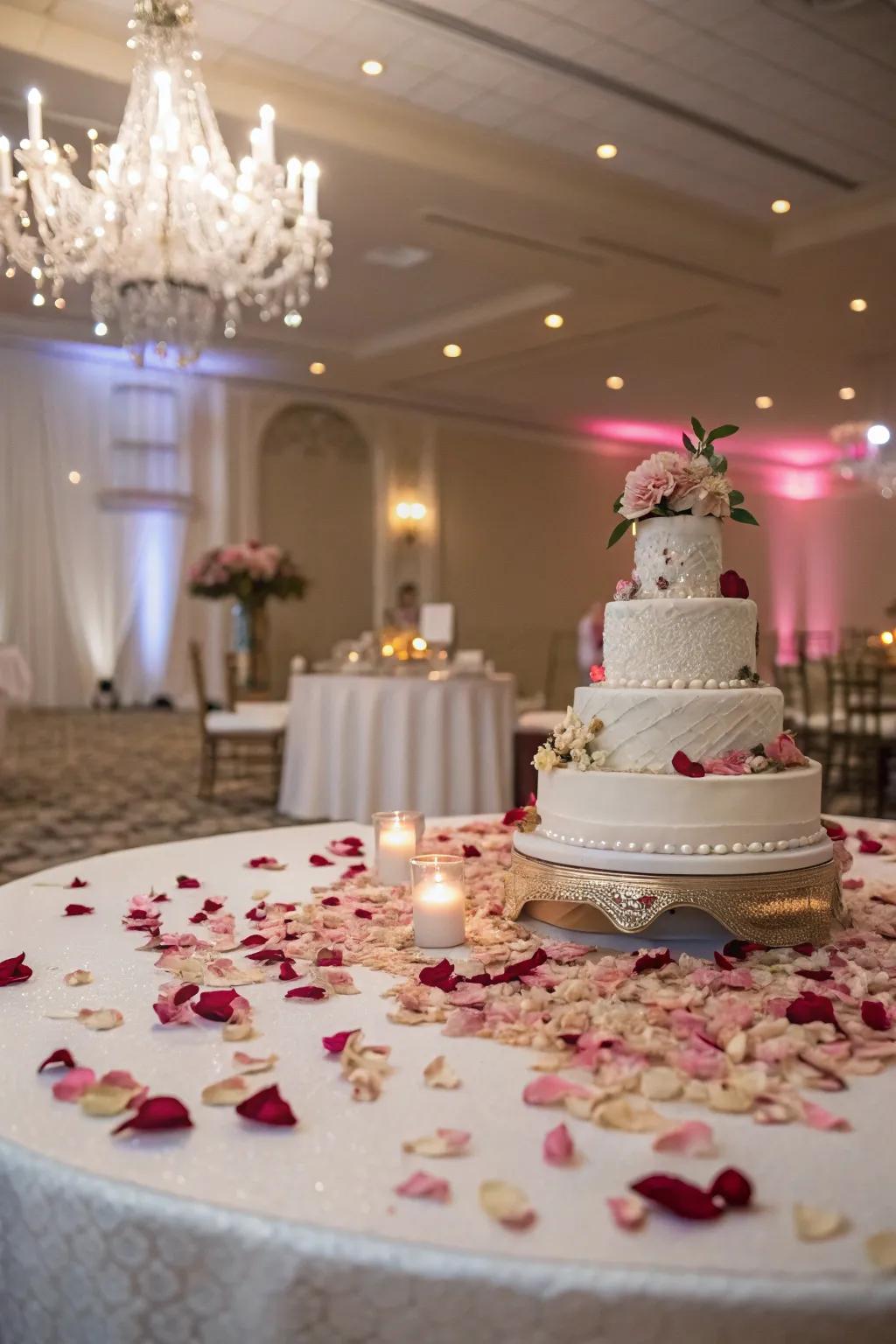 Bloom petals creating a romantic aura around the wedding cake display.