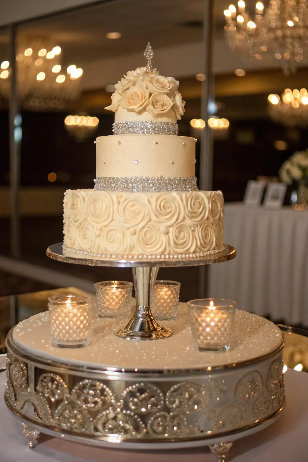 Mirrors add reflection and light to the cake presentation.