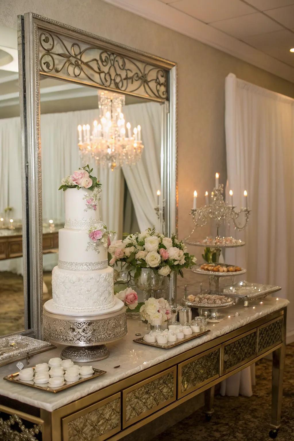 A wedding cake presentation enhanced through reflective mirror accents.