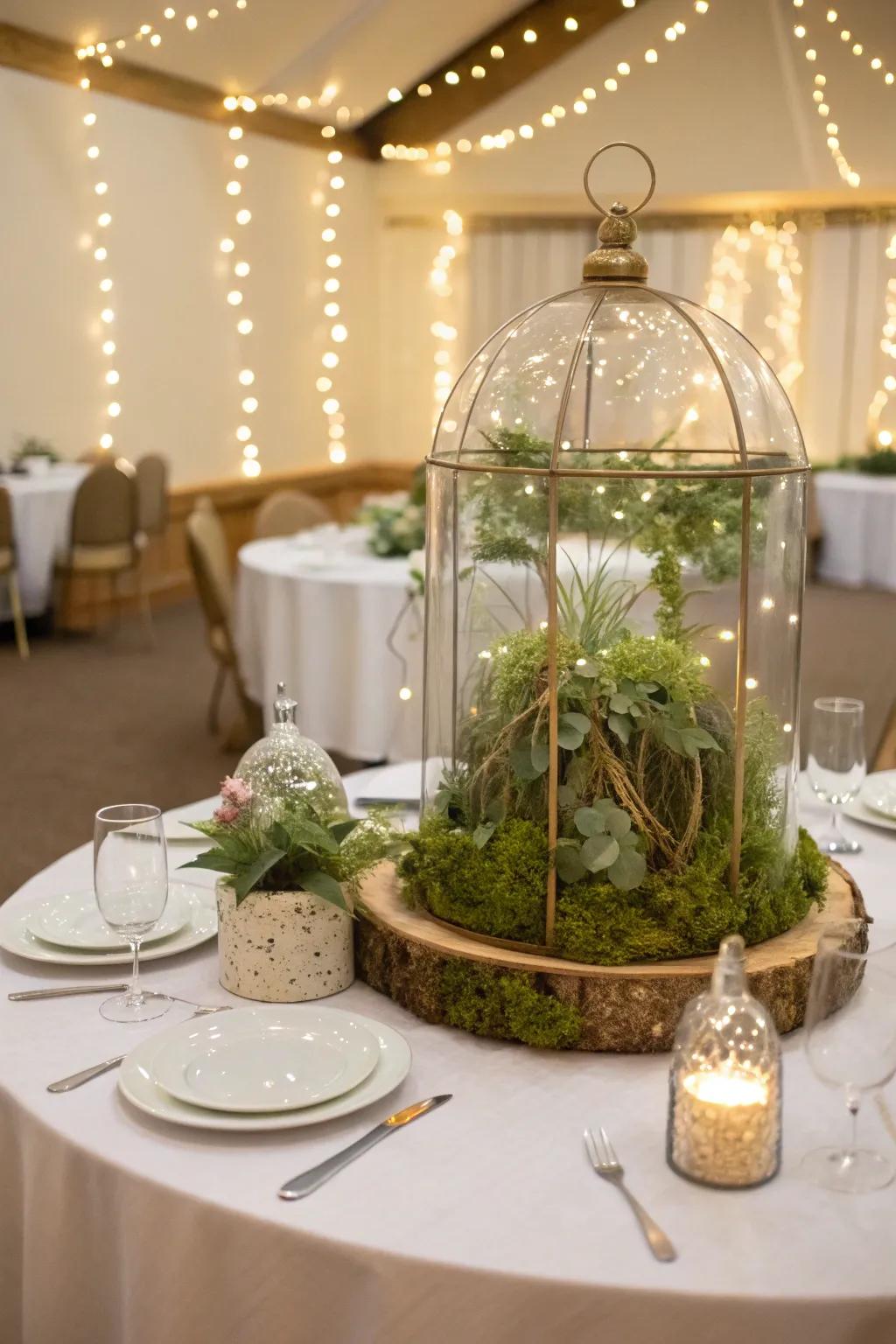 Elegant glass terrariums contribute a nuance of sophistication and sparkle.