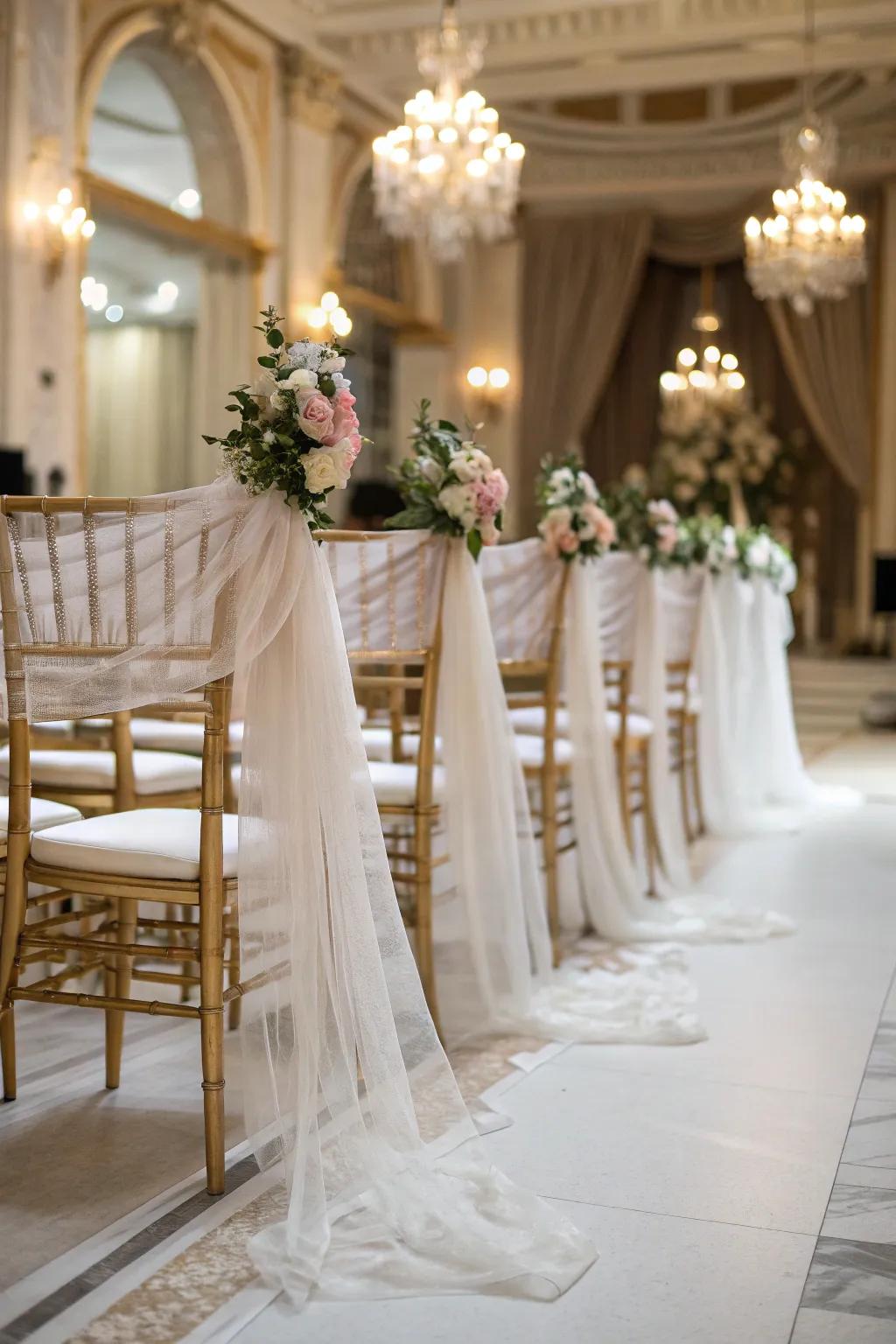 Sheer overlays lend understated sophistication to wedding décor.