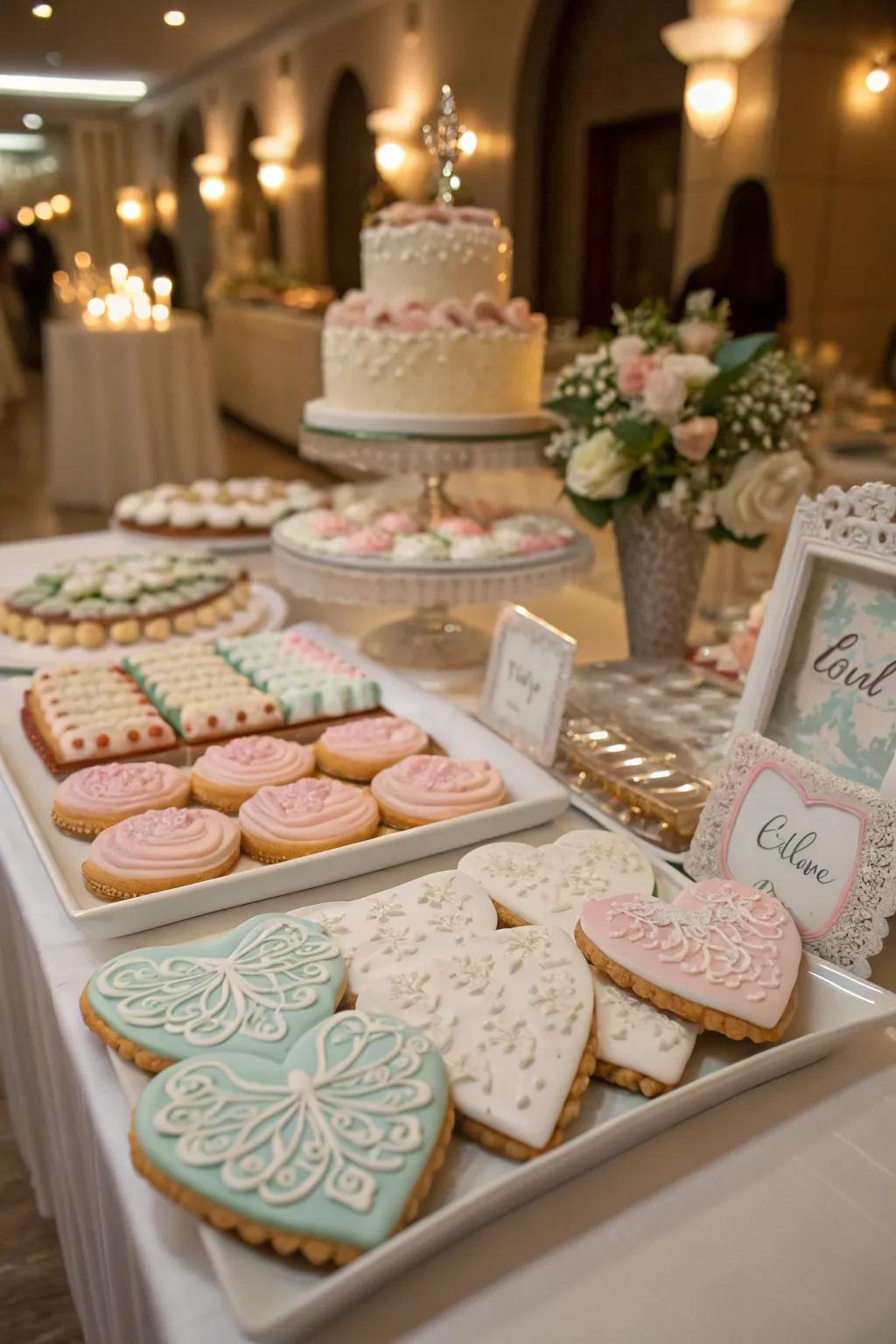 A themed cookie table display aligns with the wedding's overarching aesthetic.