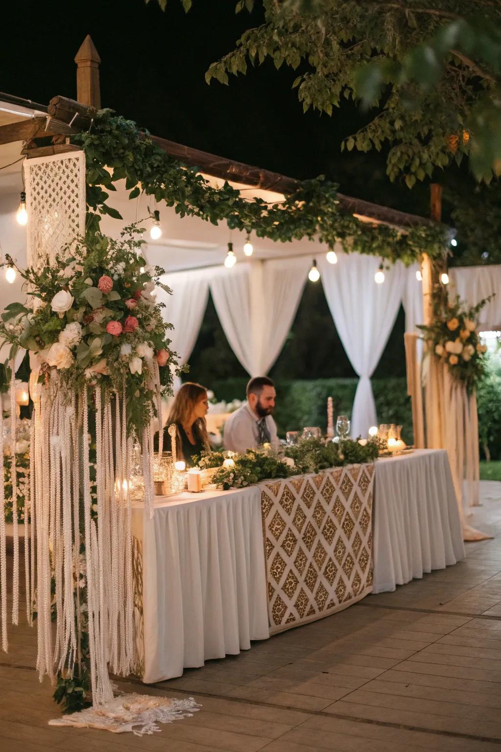 Intertwined string accents bring a bohemian touch to the head table.