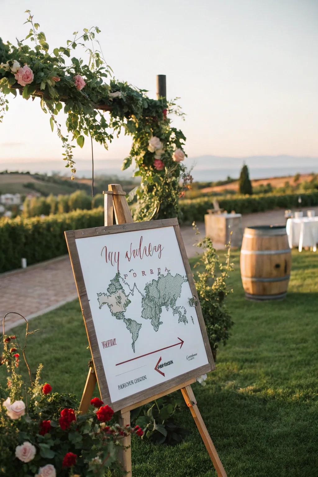 Location-themed displays creatively guide guests while celebrating the venue.