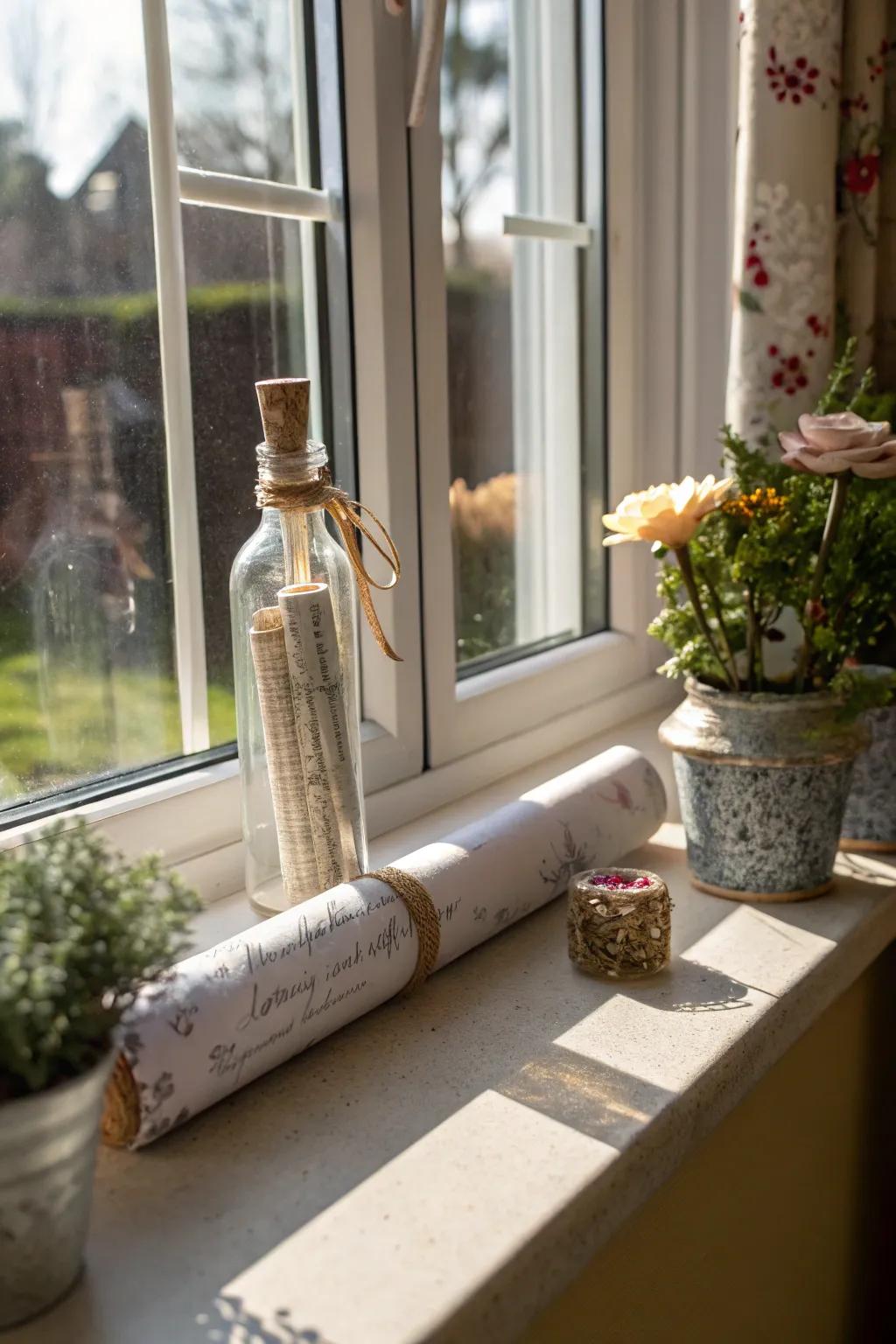 Whimsical vows in a bottle reflecting sunlight on a windowsill.