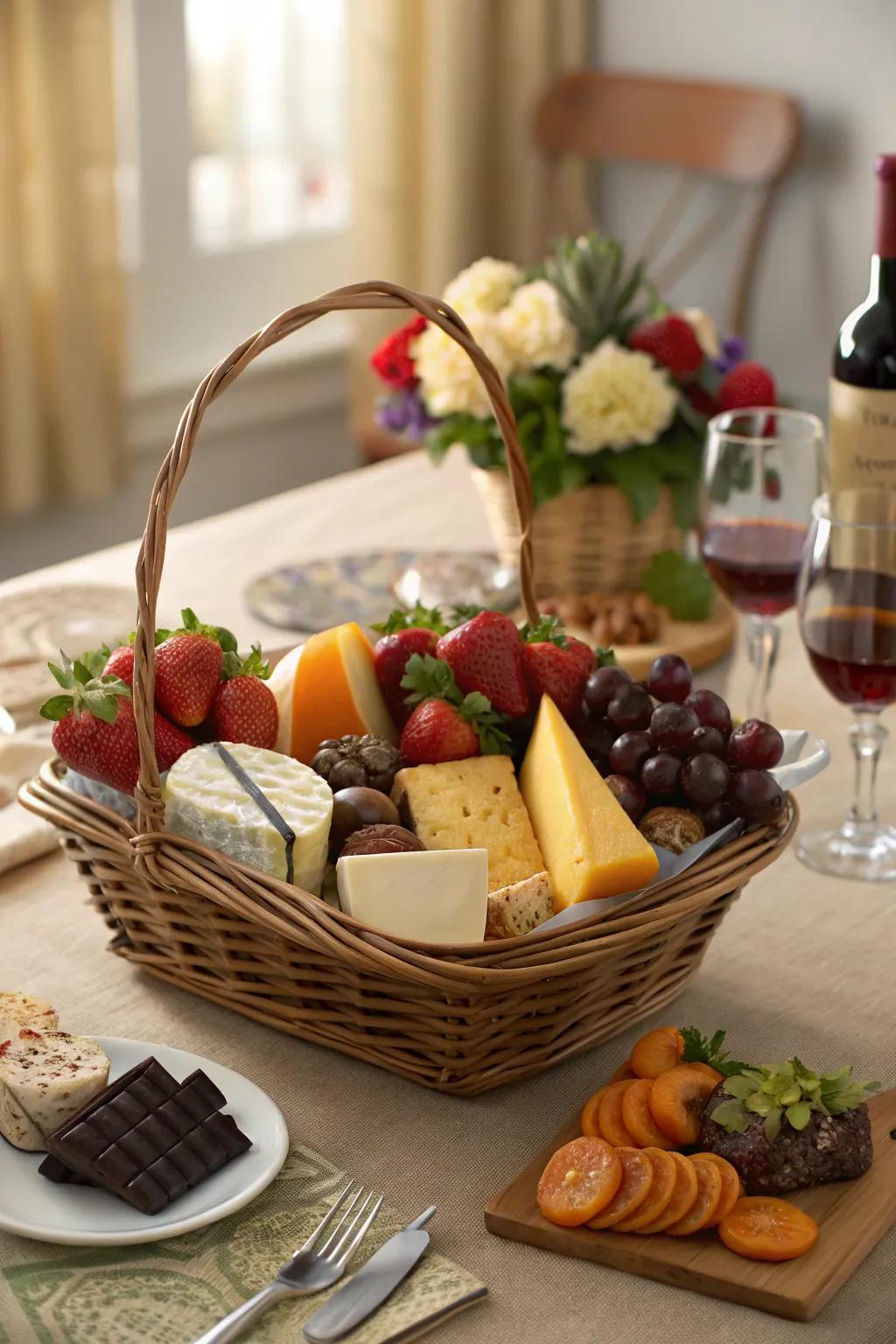 A feast for the senses with a gourmet basket.