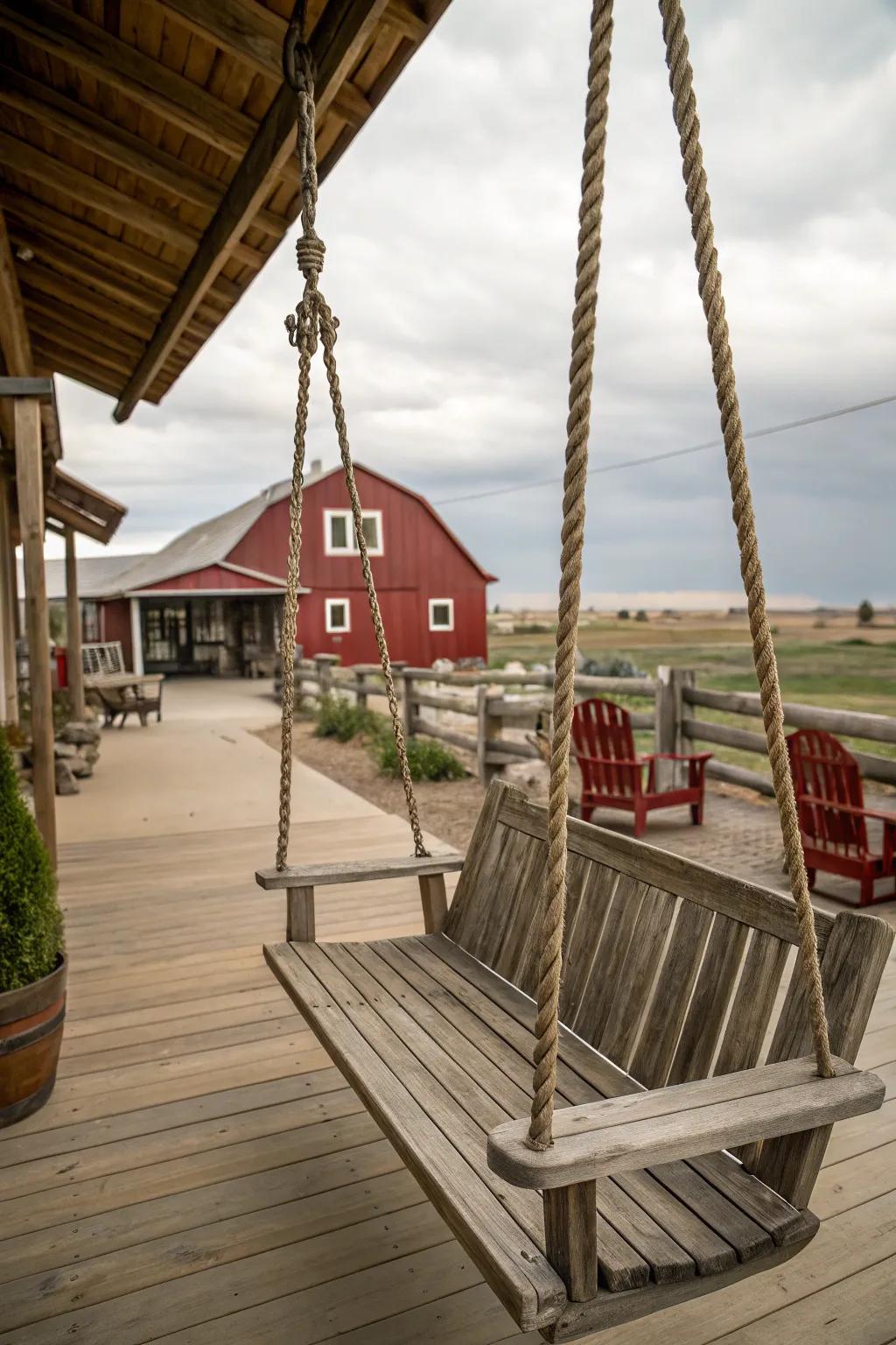 A swingset contributes fun and charm to the patio.