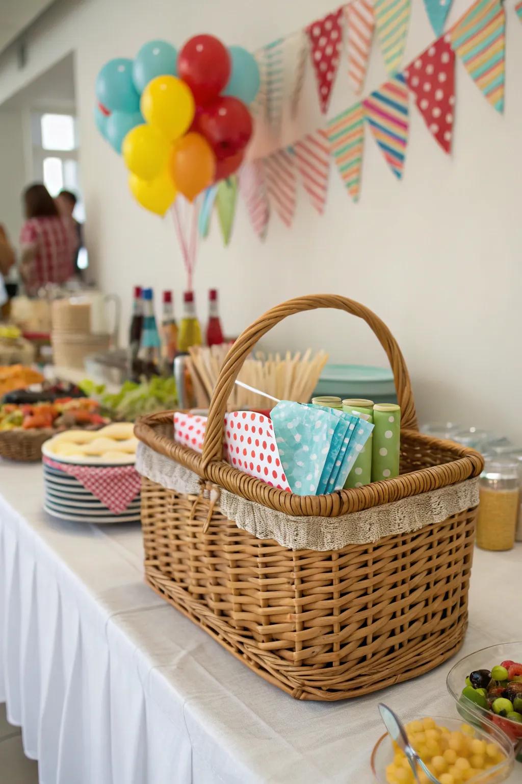 A celebration basket sustains provisions in an organized and promptly accessible state throughout gatherings.