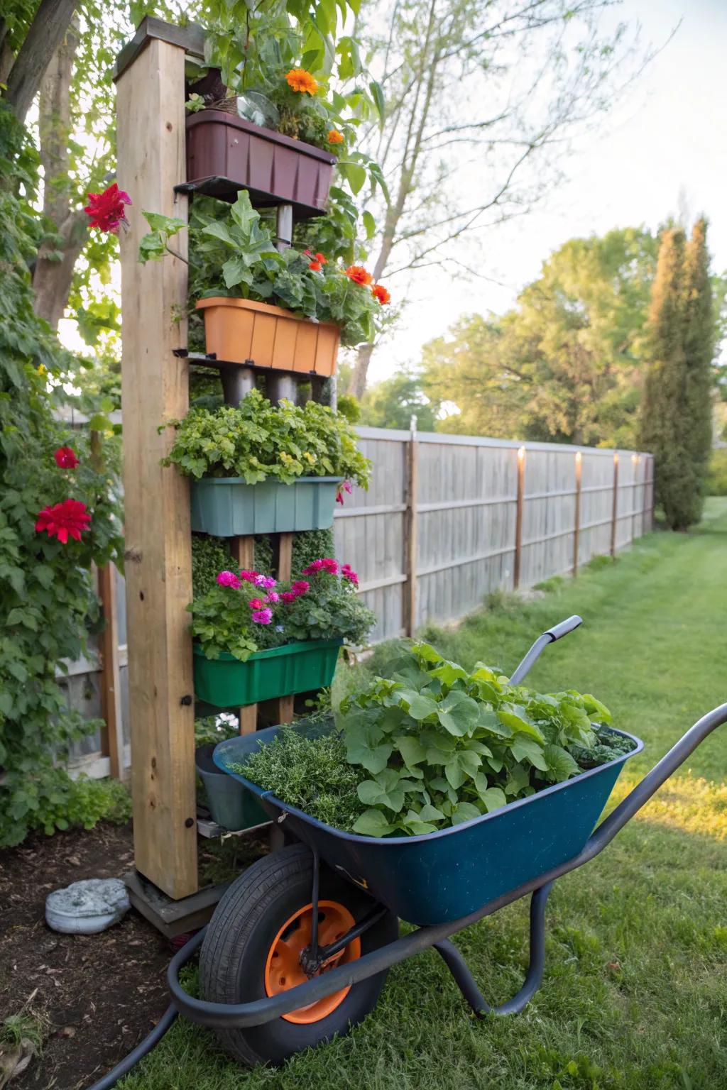 Conserve space by creating a vertical garden on a wheelbarrow.