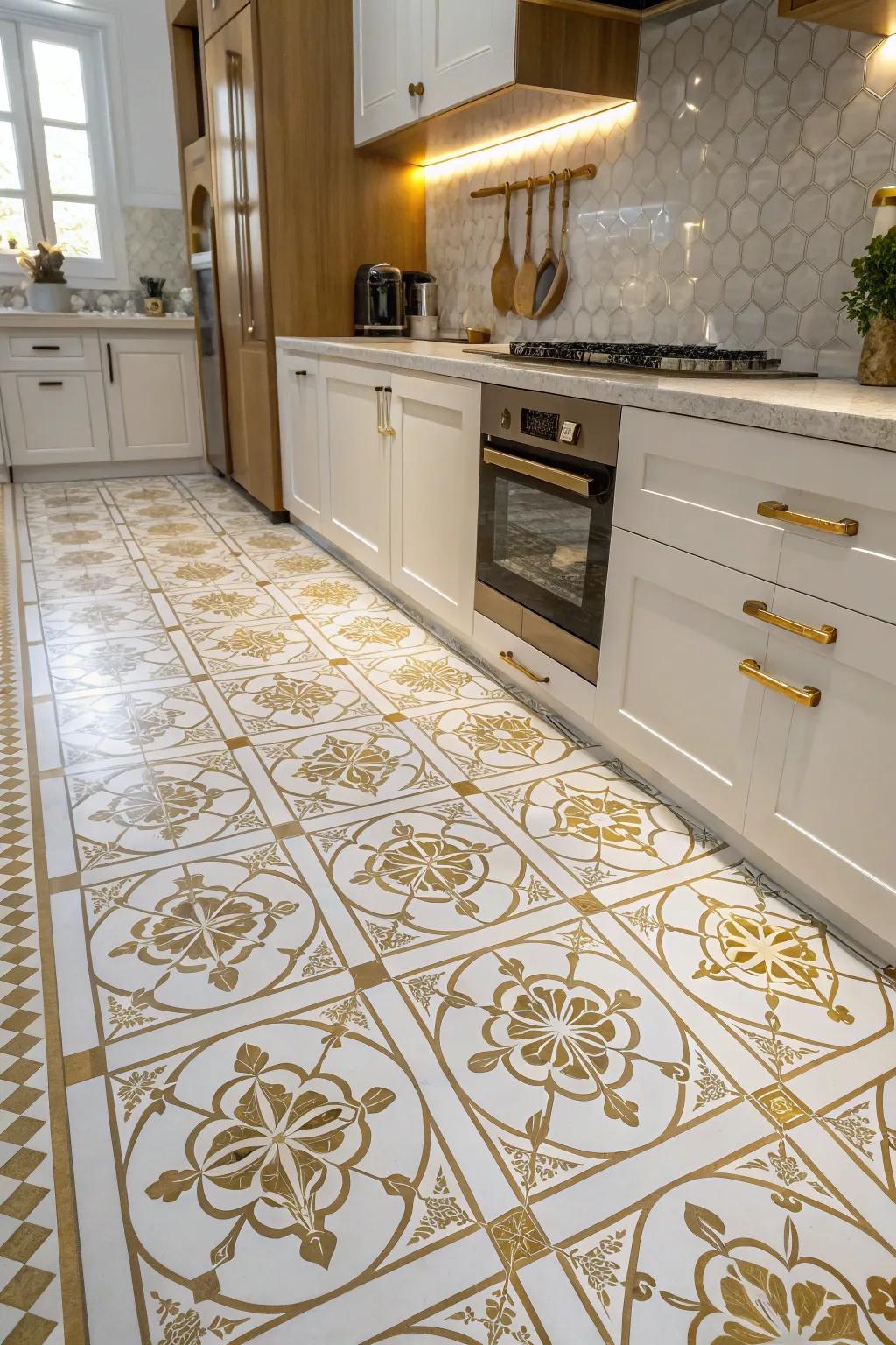 Ivory and gilded floor tiles infuse a harmonious touch to your cooking area.