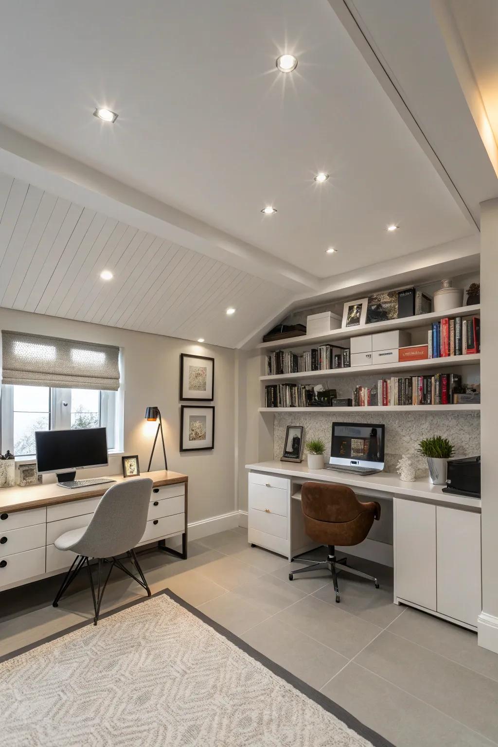 A modern home office with a white ceiling and hidden lights for a clean vibe.