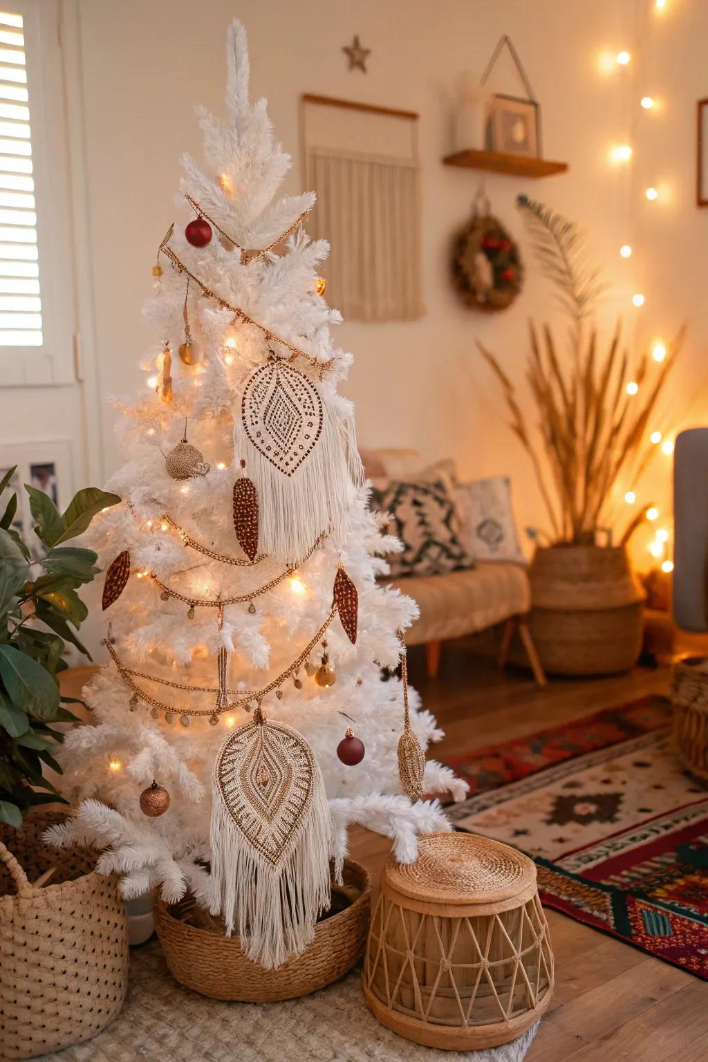 Chic bohemian tree with fiber and plume accents.