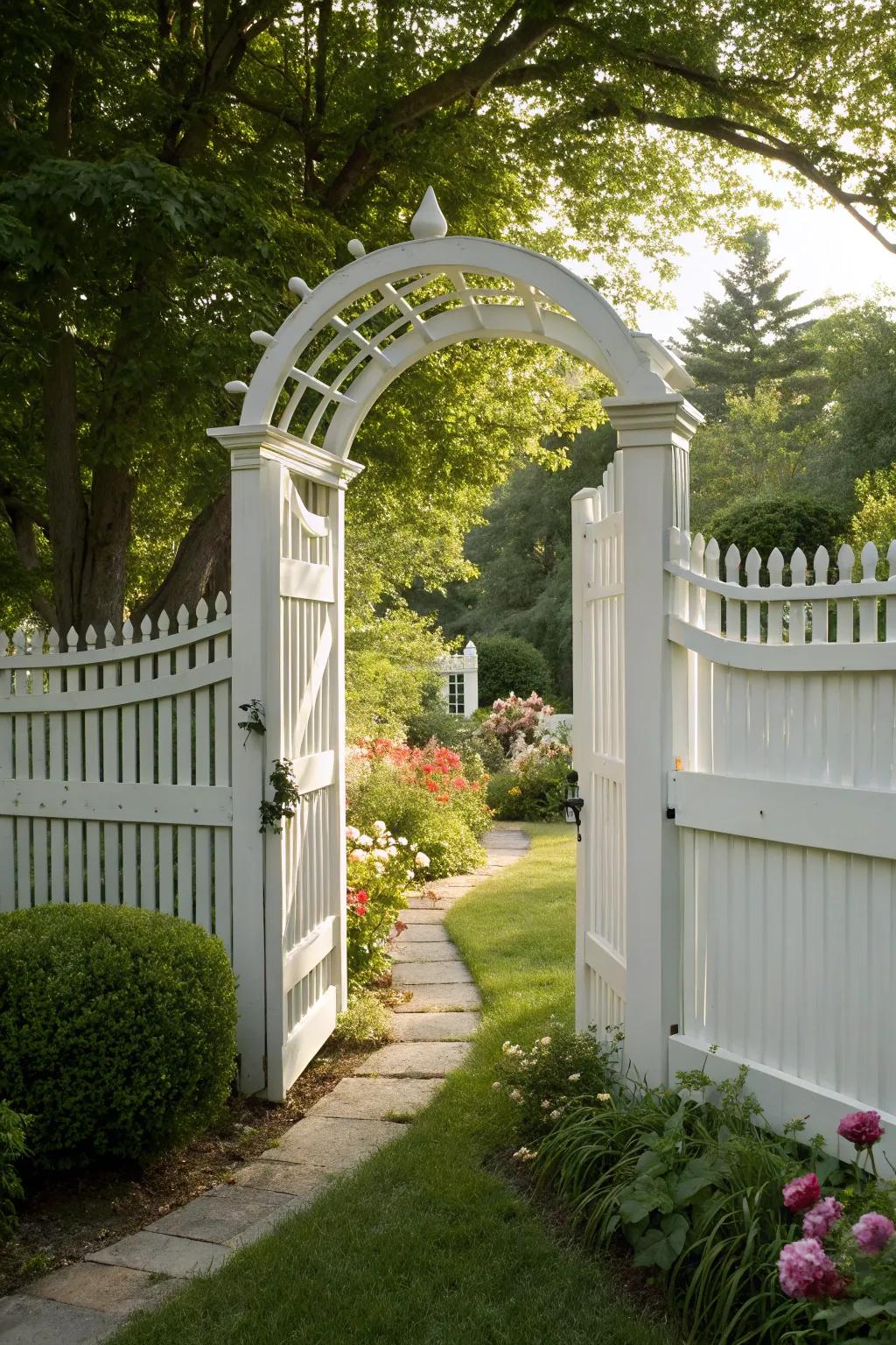 An entrance archway transmutes a white fence into a welcoming garden ingress.