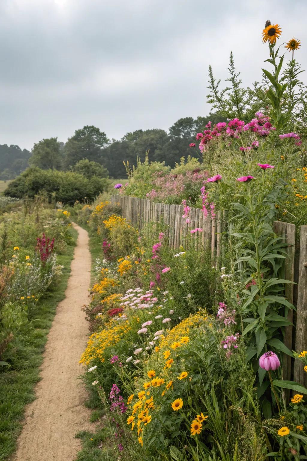 A natural privacy screen formed by tall, abundant wildflowers.