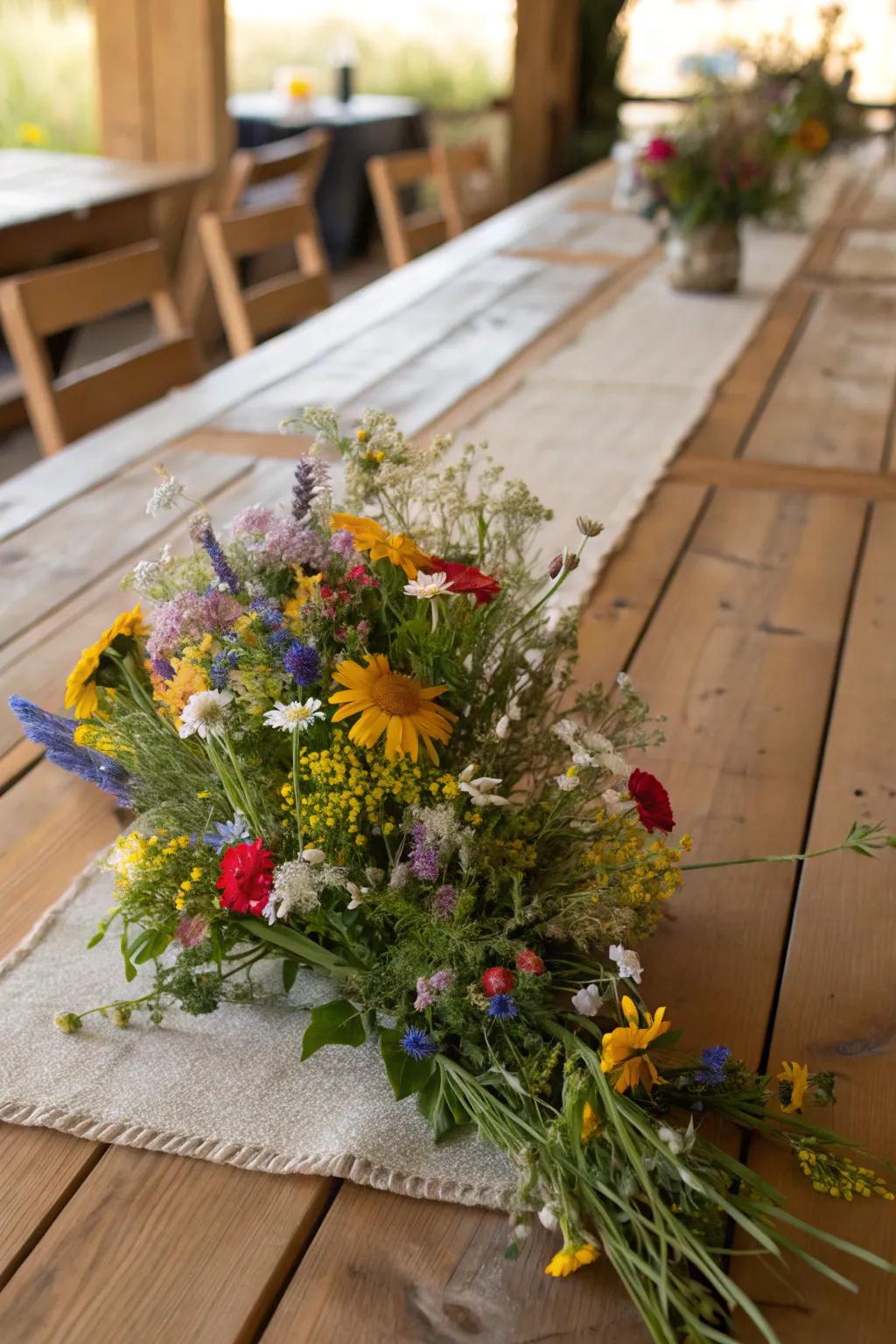 A table pathway crafted from wildflowers fashions a breathtaking visual impact.