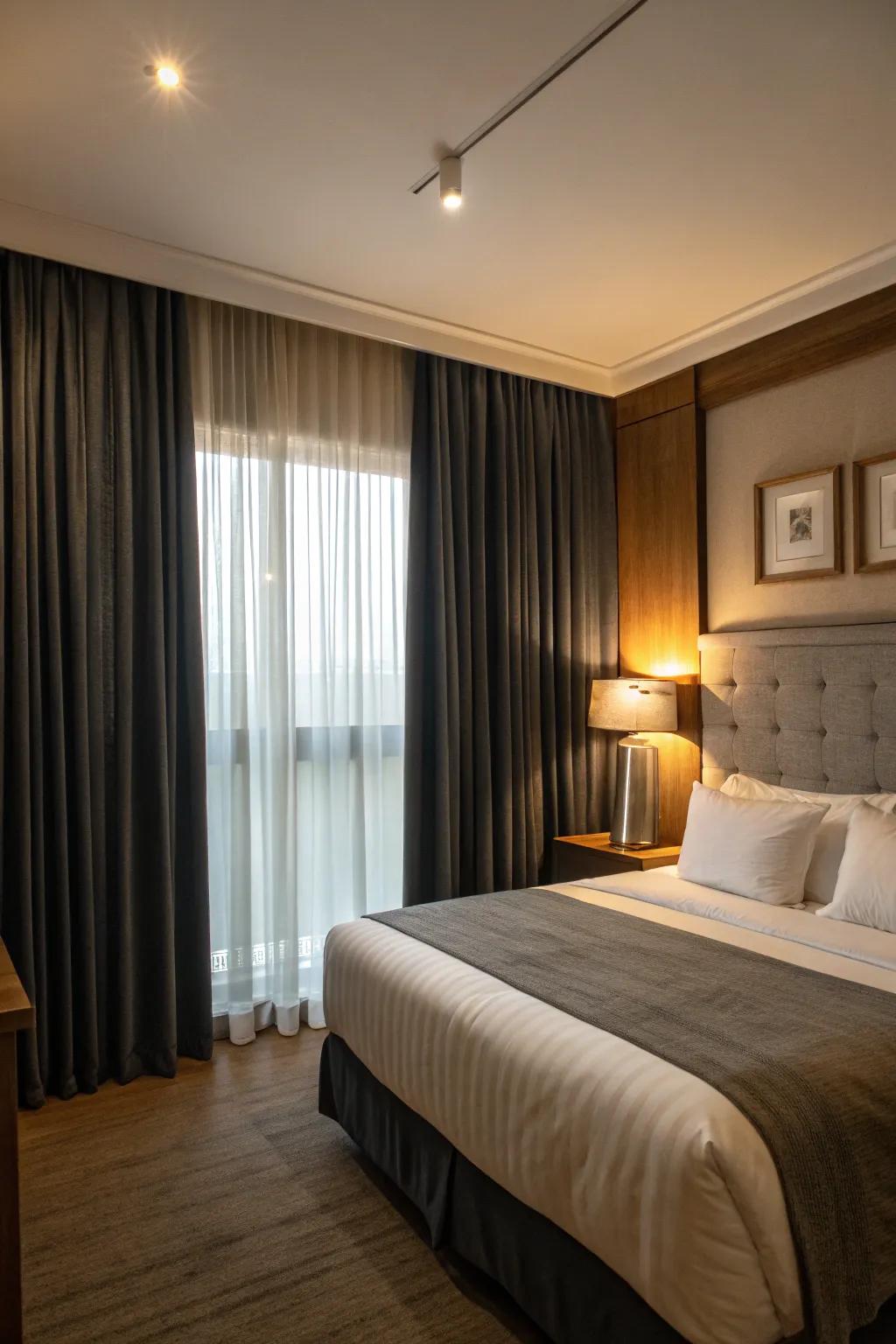 Blackout curtains ensure a restful night by blocking out light.