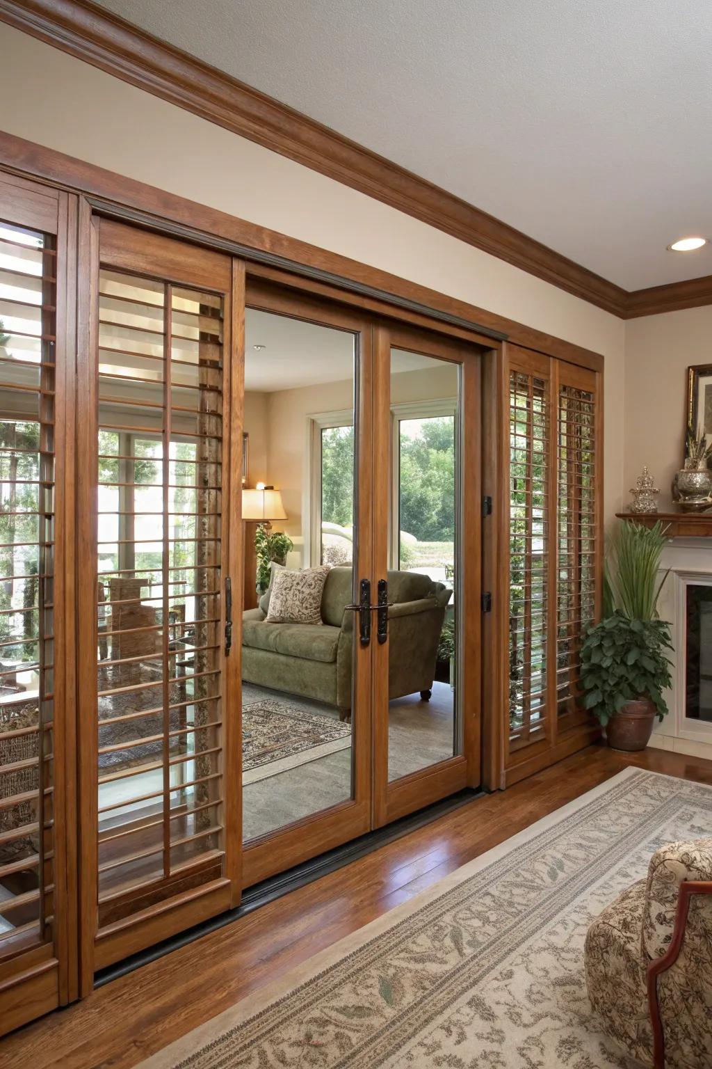 Sliding louvers offer timeless charm and functionality.