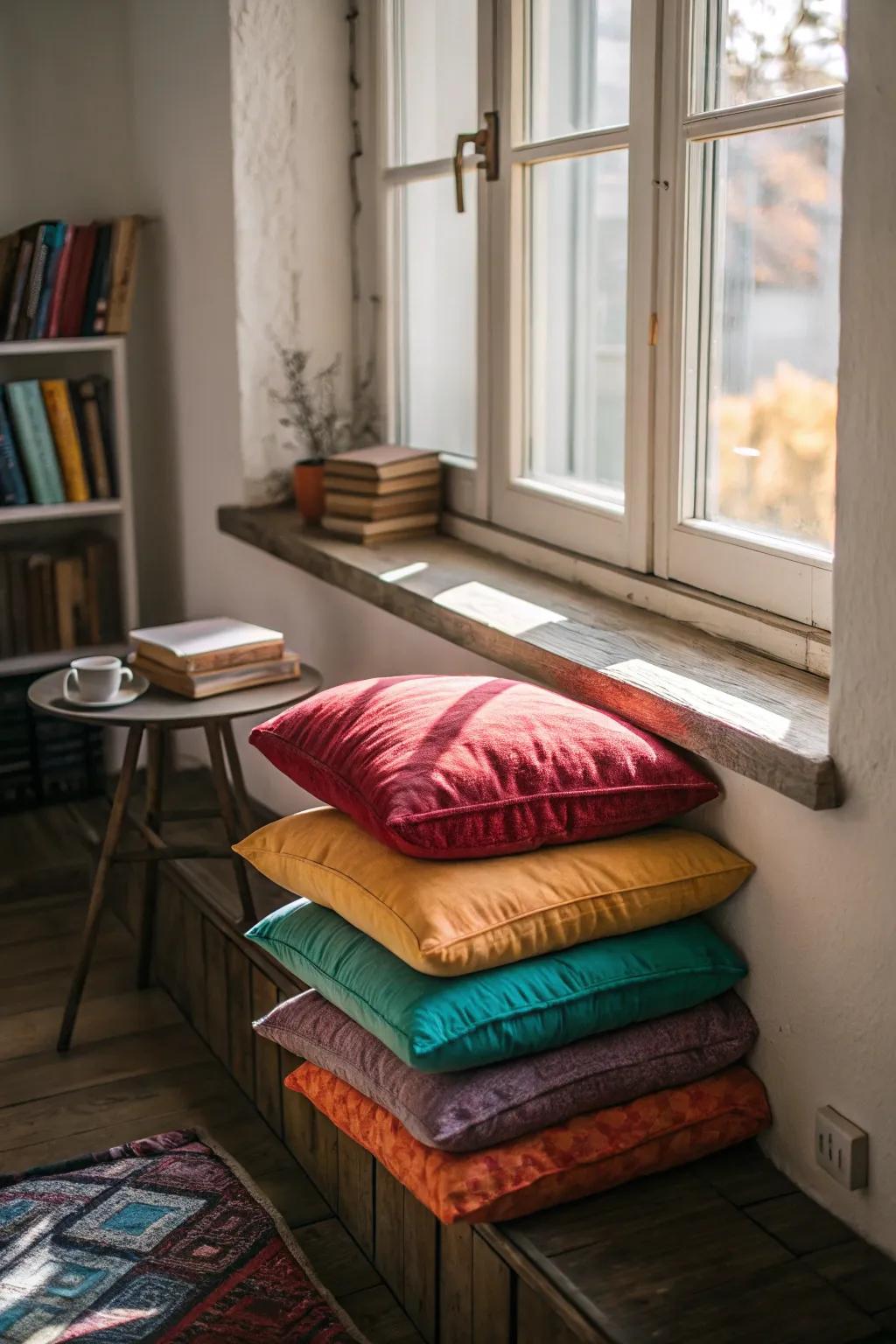 A window nook showcasing floor cushions that deliver adaptable seating.