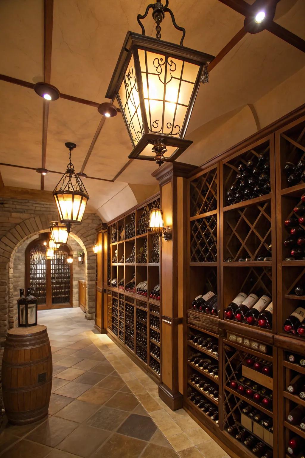 Period lanterns projecting a charming old-world radiance in the wine room.