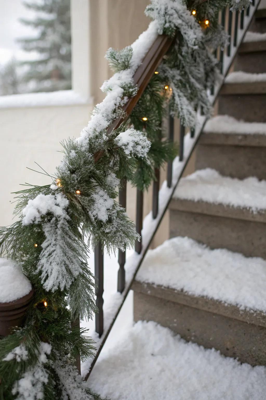 A frozen forest garland creates a striking winter appearance.