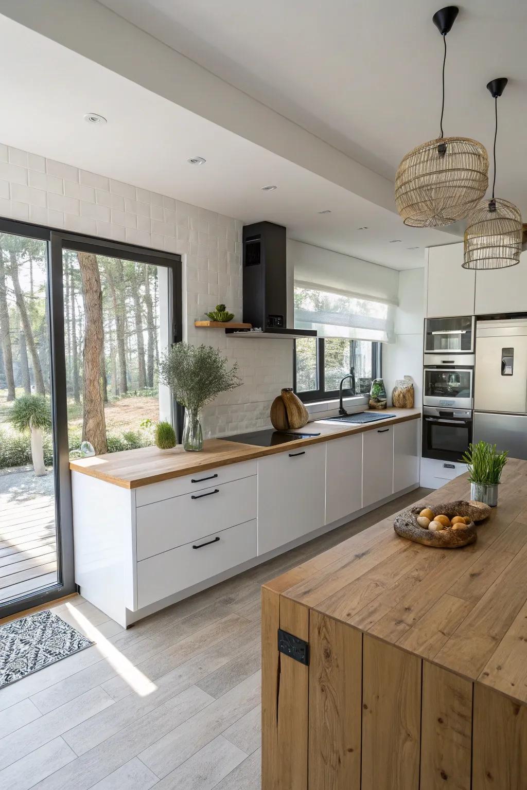 A levitating wood countertop for a contemporary and airy cooking area.