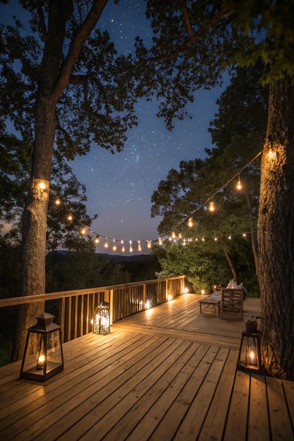 Gentle lighting lends a magical touch to evening terrace gatherings.