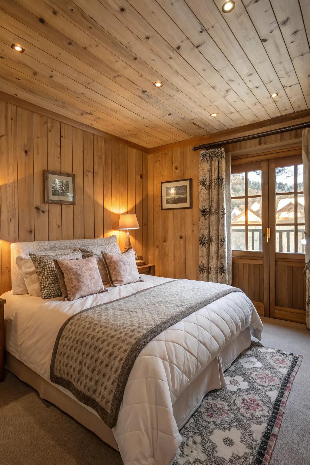 Wood layering crafts a relaxing bedroom sanctuary.