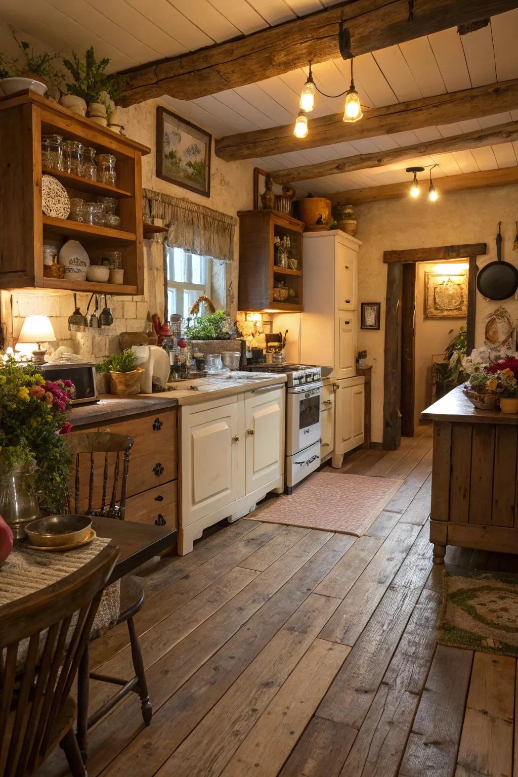 A rustic kitchen featuring assorted width wood boards for a natural charm.