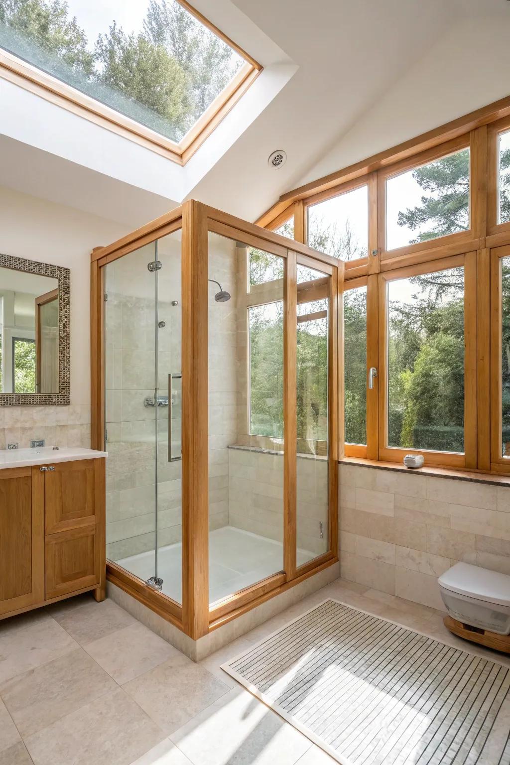 Timber surrounds featuring see-through glass allow natural light to saturate the bathroom.