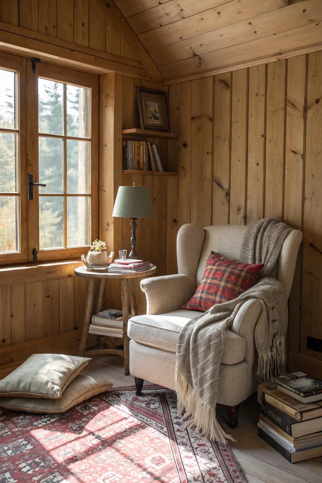 A reading spot with cozy wood paneling.