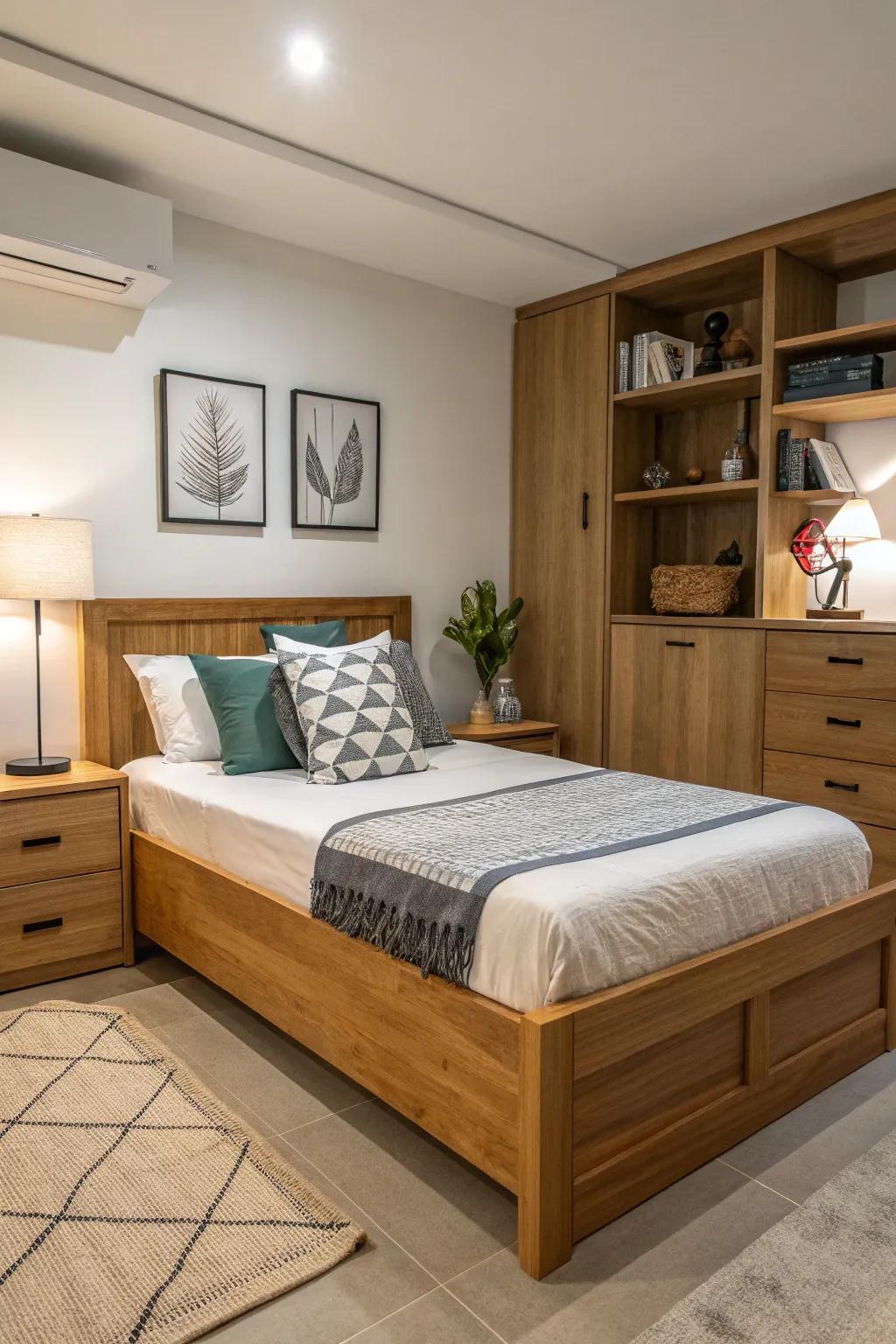 A petite wooden bed design ideal for compact spaces.