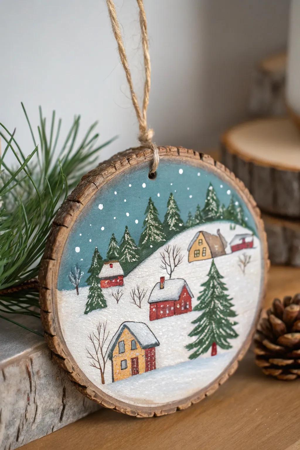 A snow-covered village landscape painted on a wood decoration.