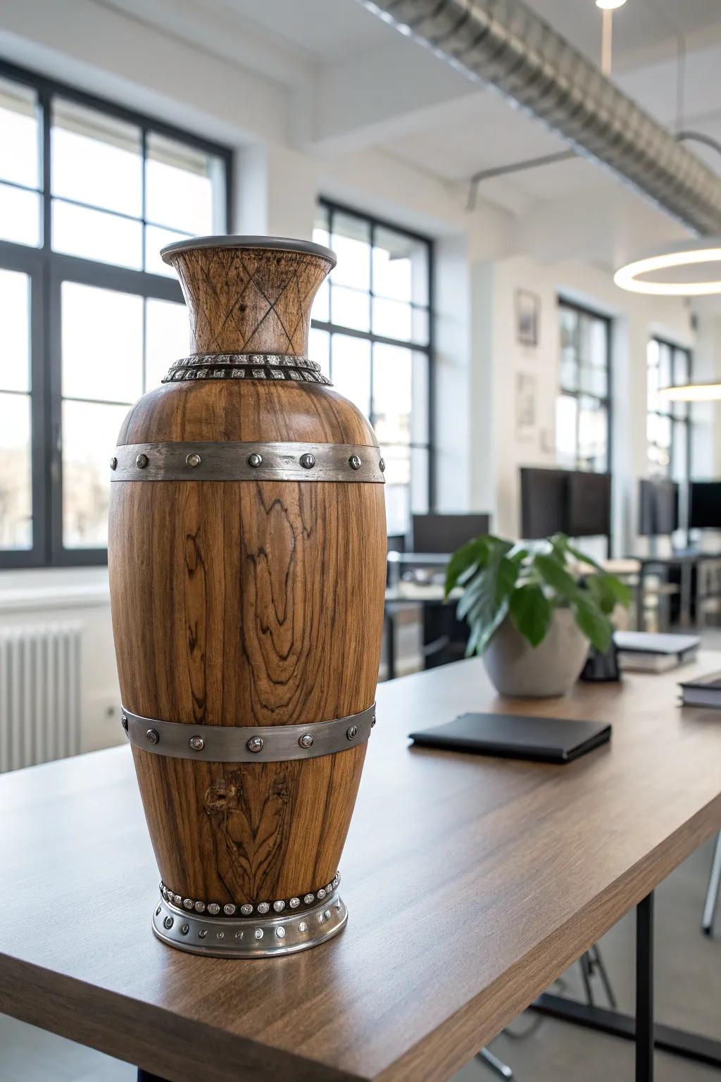 Realize a contemporary homespun aesthetic through the strategic deployment of metallic-accentuated timber vases.