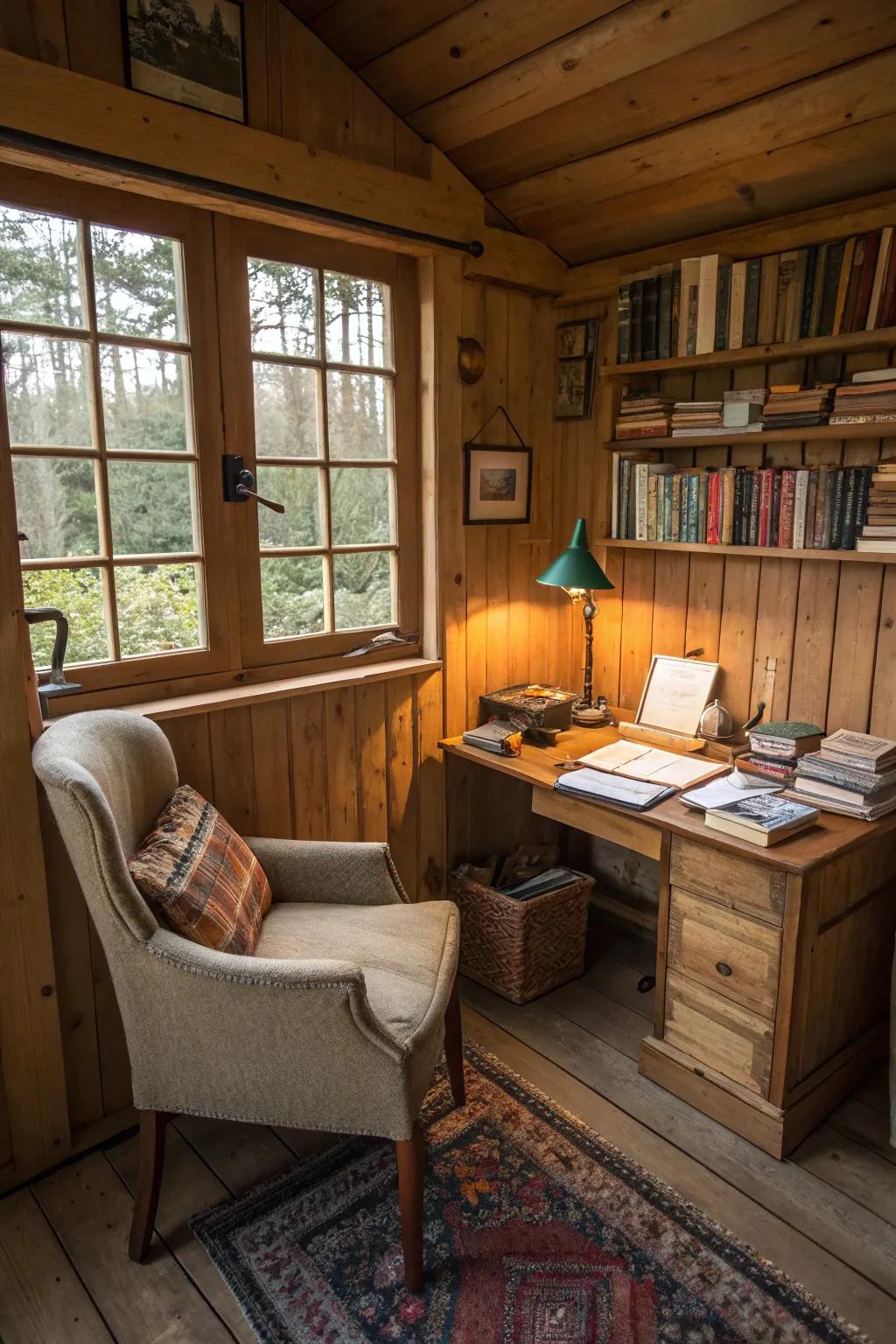 A snug and inviting writing shed ideal for focused productivity.