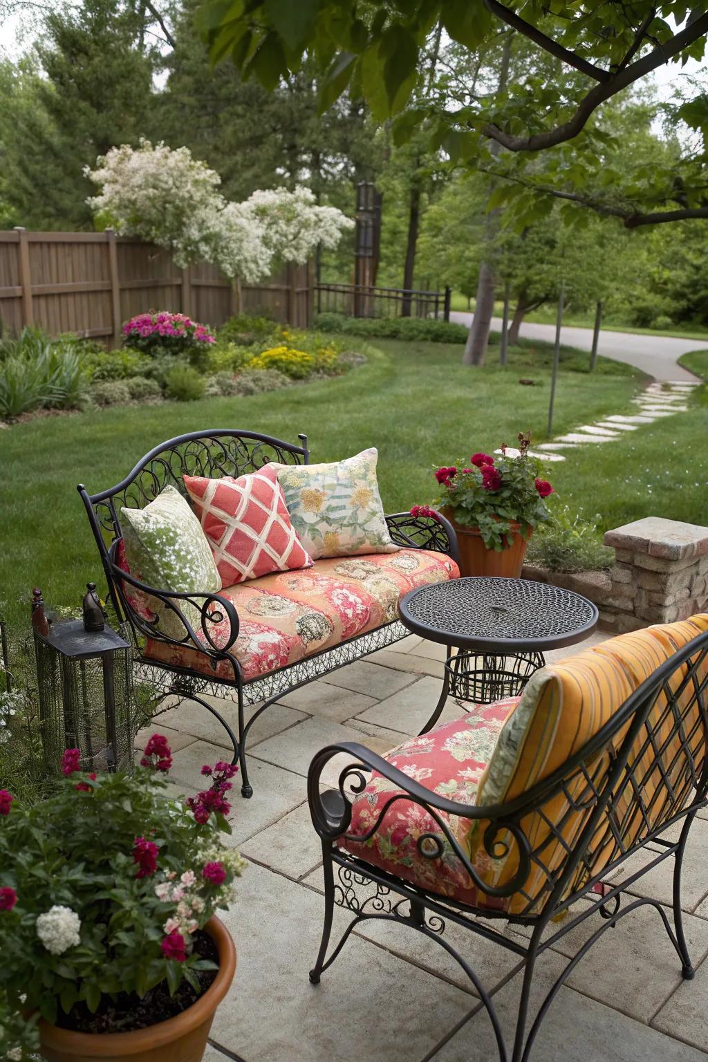 Eclectic pillow styles incorporate a chic touch to wrought iron furniture.