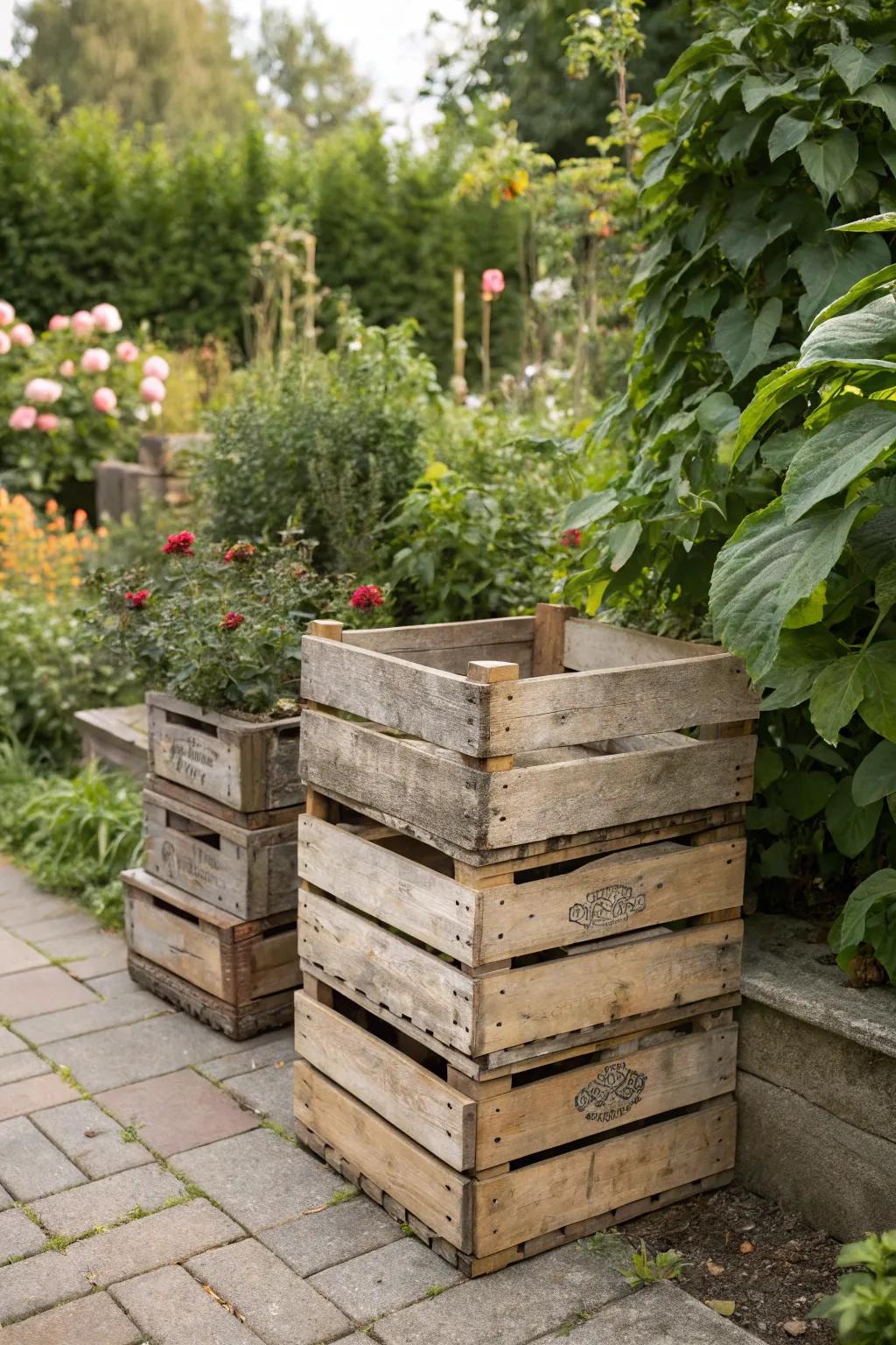 Vintage charm is achieved via stacked crate storage.