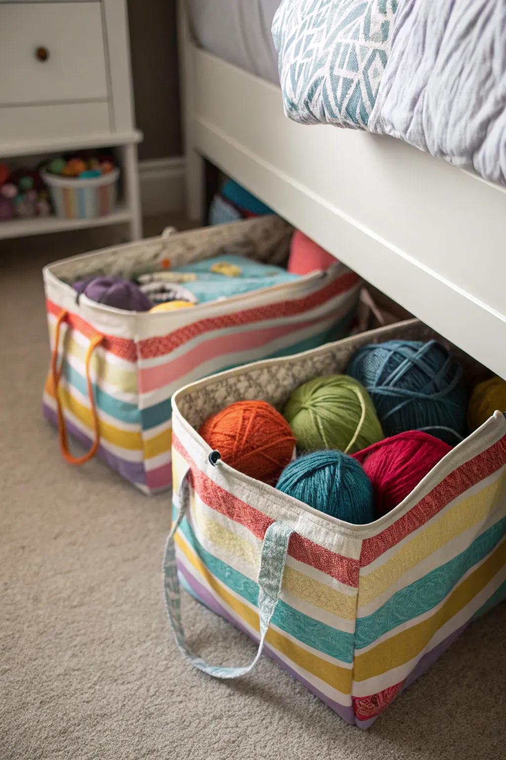 Space-saving storage bags keep yarn hidden yet accessible.