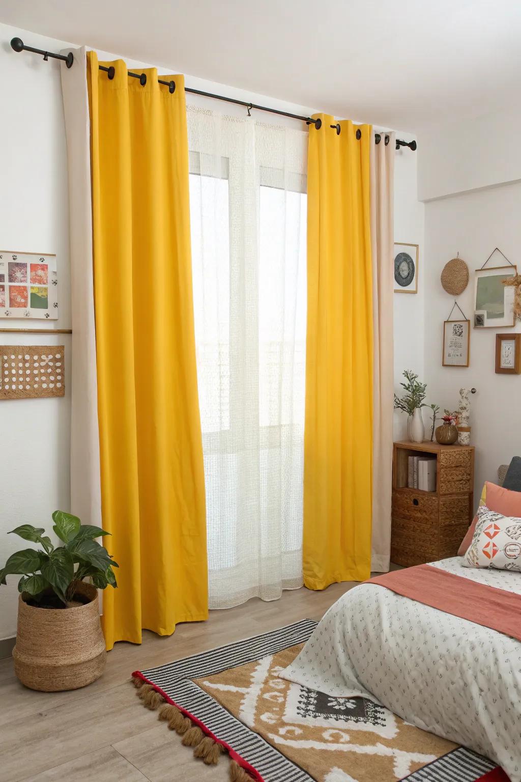 Color-blocked gold drapes add a playful and artistic touch to the bedroom.