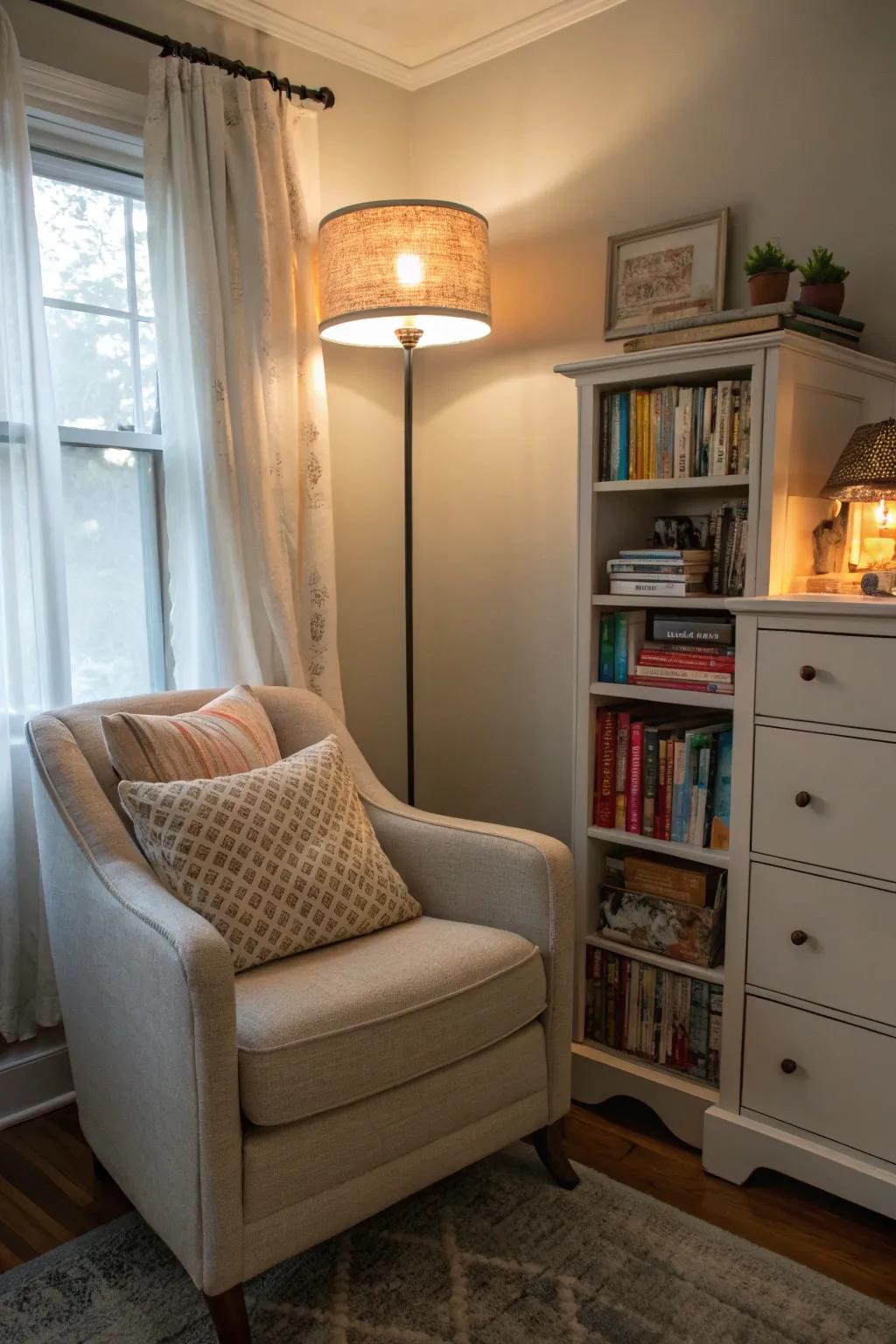 A reading nook provides a snug getaway for bibliophiles.
