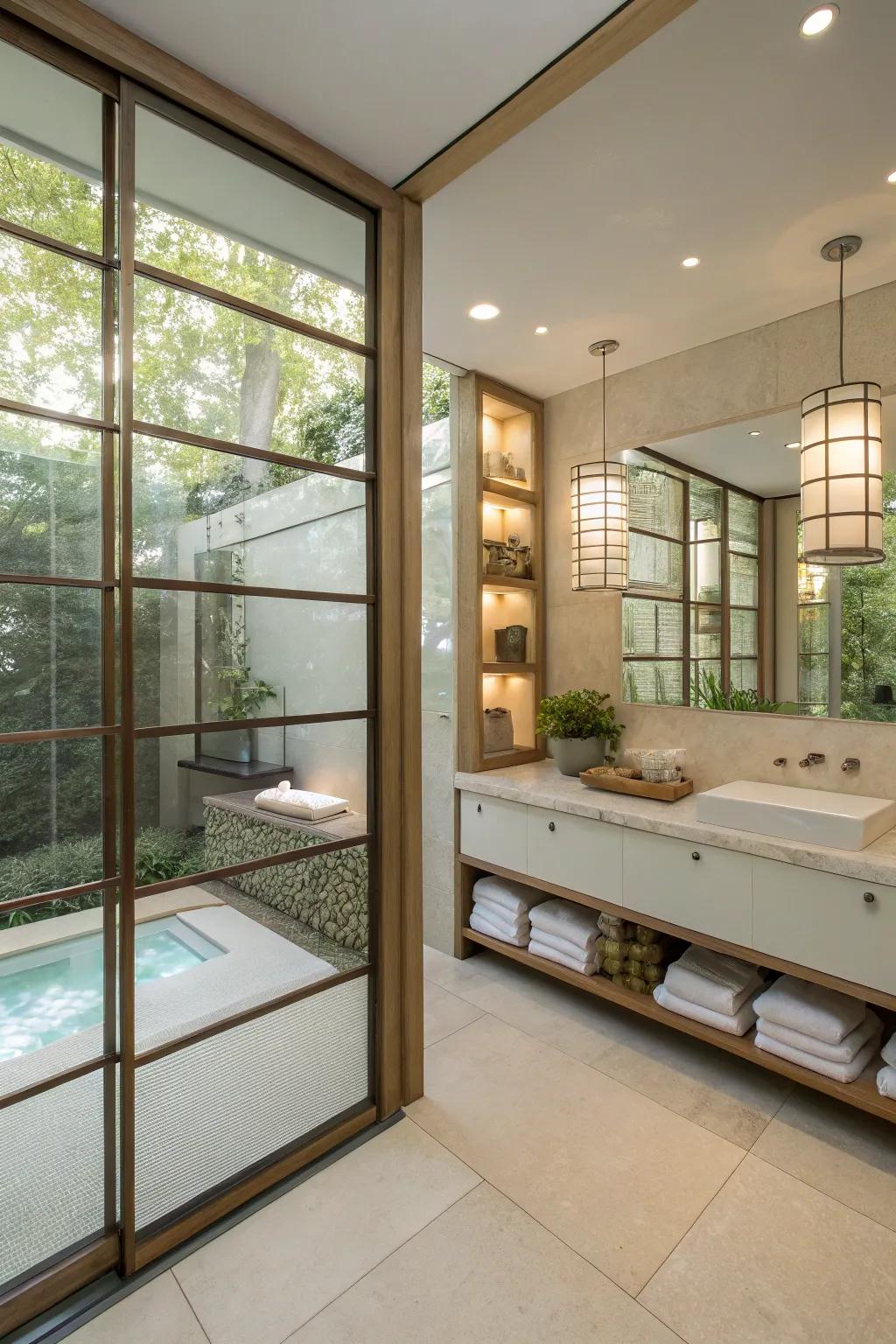 Glass elements make a zen bathroom feel open and clear.