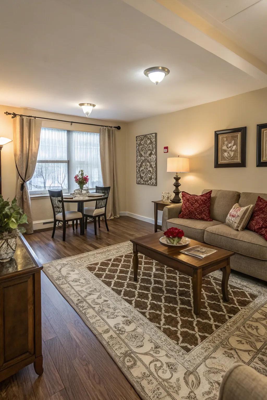 Floor coverings establish distinct zones within a unified space.