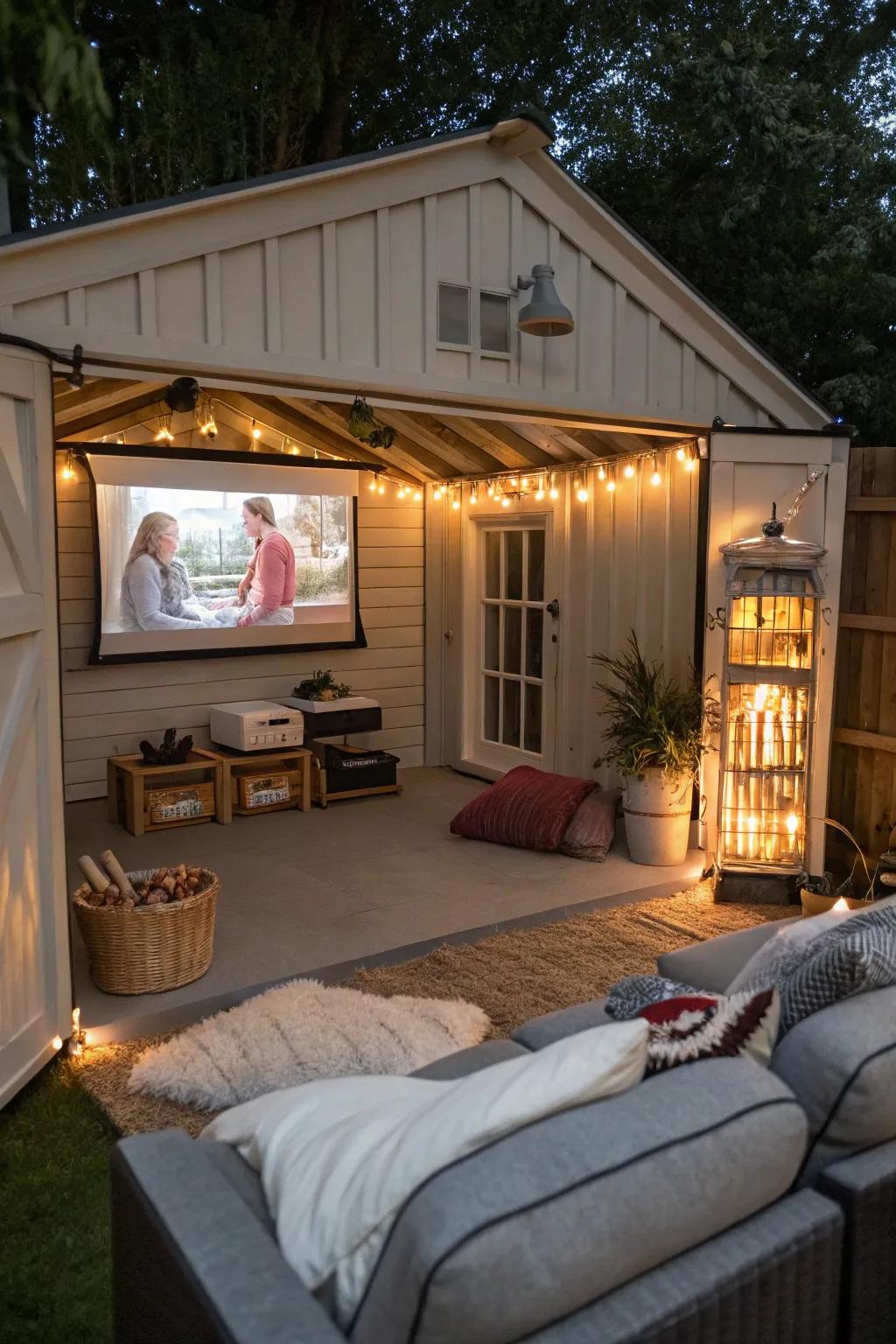 Enjoy movie nights in your own home cinema shed.