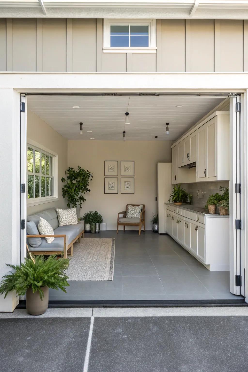 Find peace and simplicity in a garage retreat designed for relaxation.