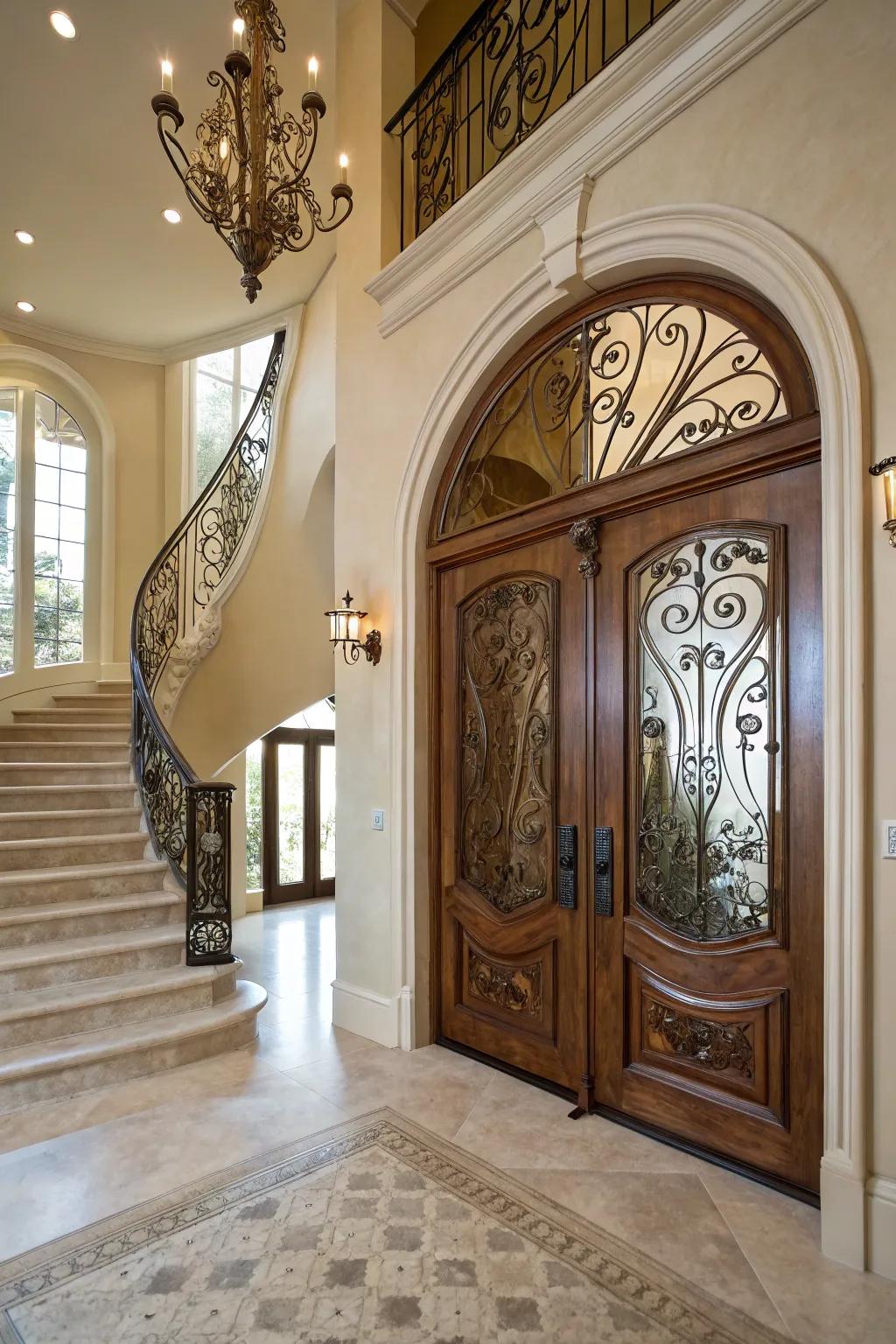 A bespoke entry door enhances the entryway's design and creates a lasting first impression.