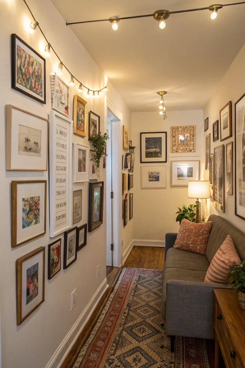 Small spaces benefit from the personality that a gallery wall adds.