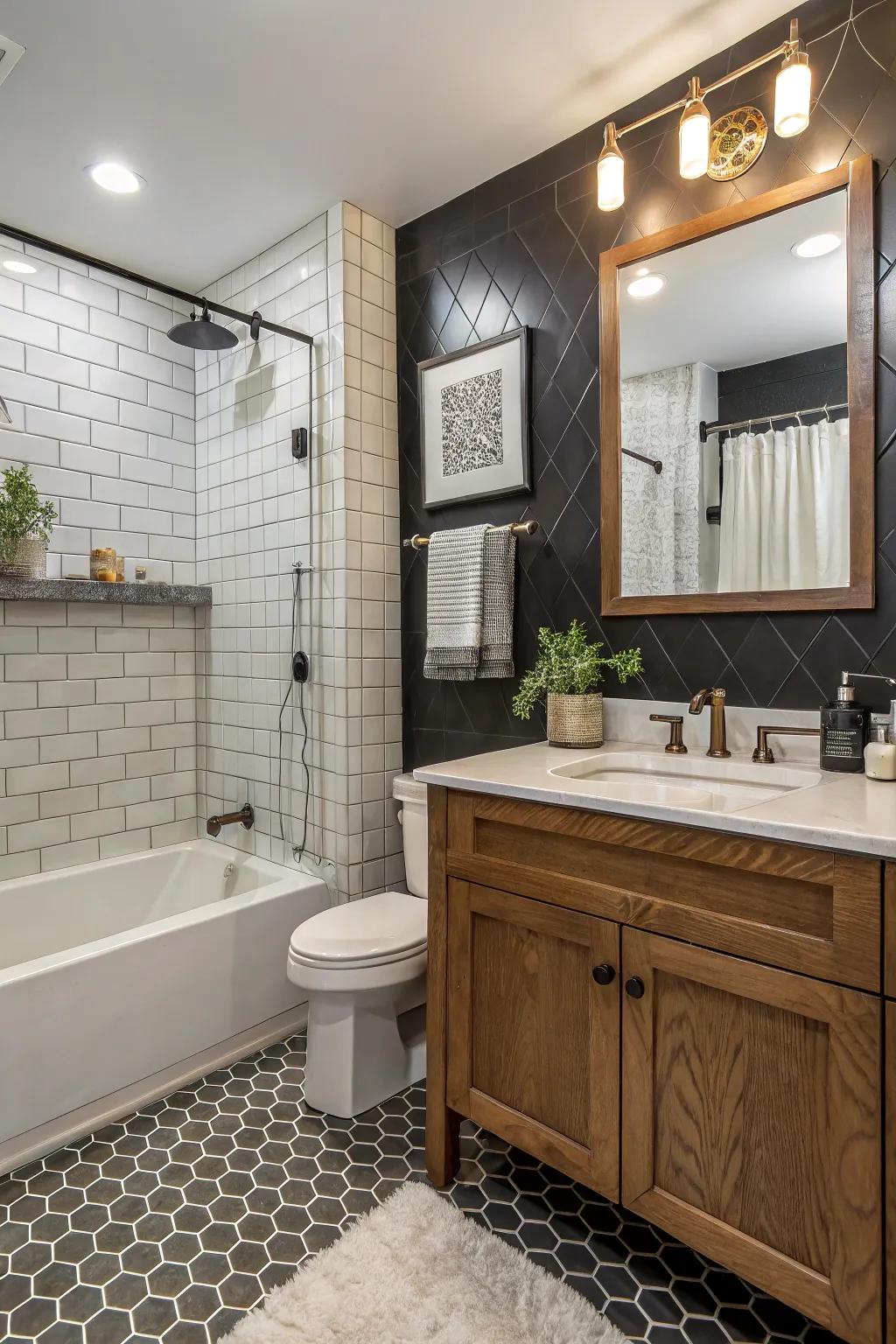 Material mixing adds sophistication and depth to a small washroom.